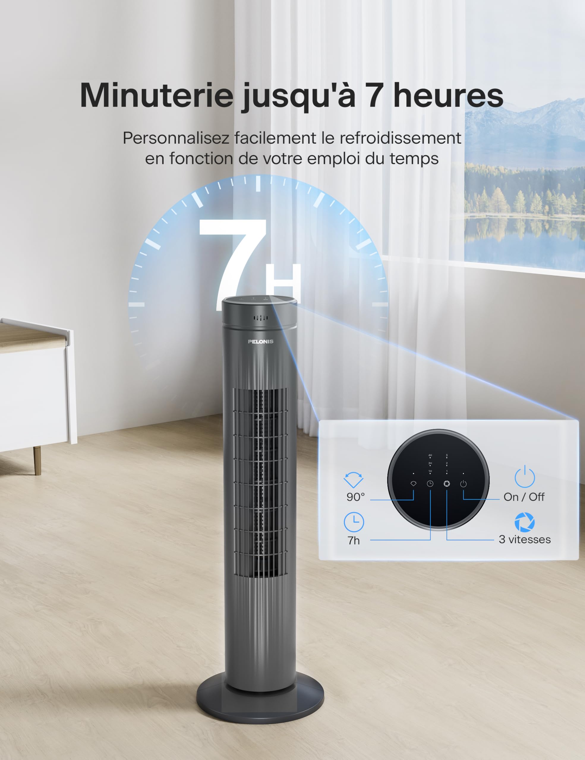 Pelonis Ventilateur Tour Très Silencieux, Télécommande, 3 Vitesses, Minuterie 7H et 3 Modes, pour Chambre
