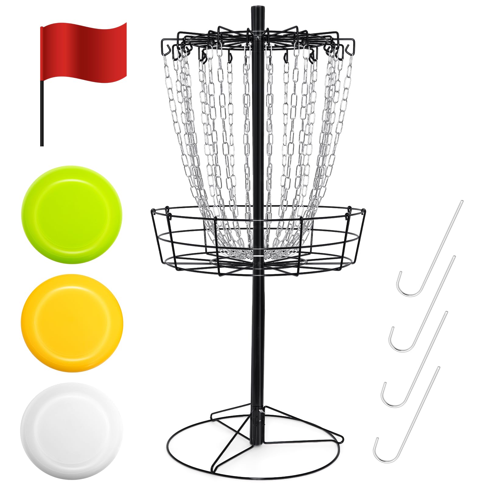 Disc Golf Basket with Discs, Flying Disc Golf Practice Basket with 24-Chains Portable Disc Golf Basket Target 6pcs Disc Golf Discs