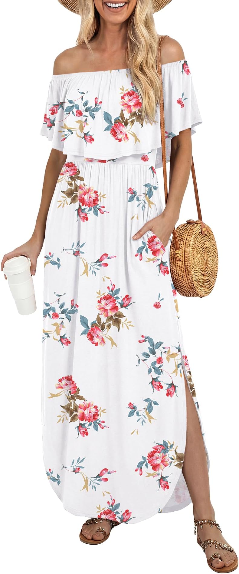 Womens Off The Shoulder Ruffle Party Dresses Side Split Beach Maxi Dress