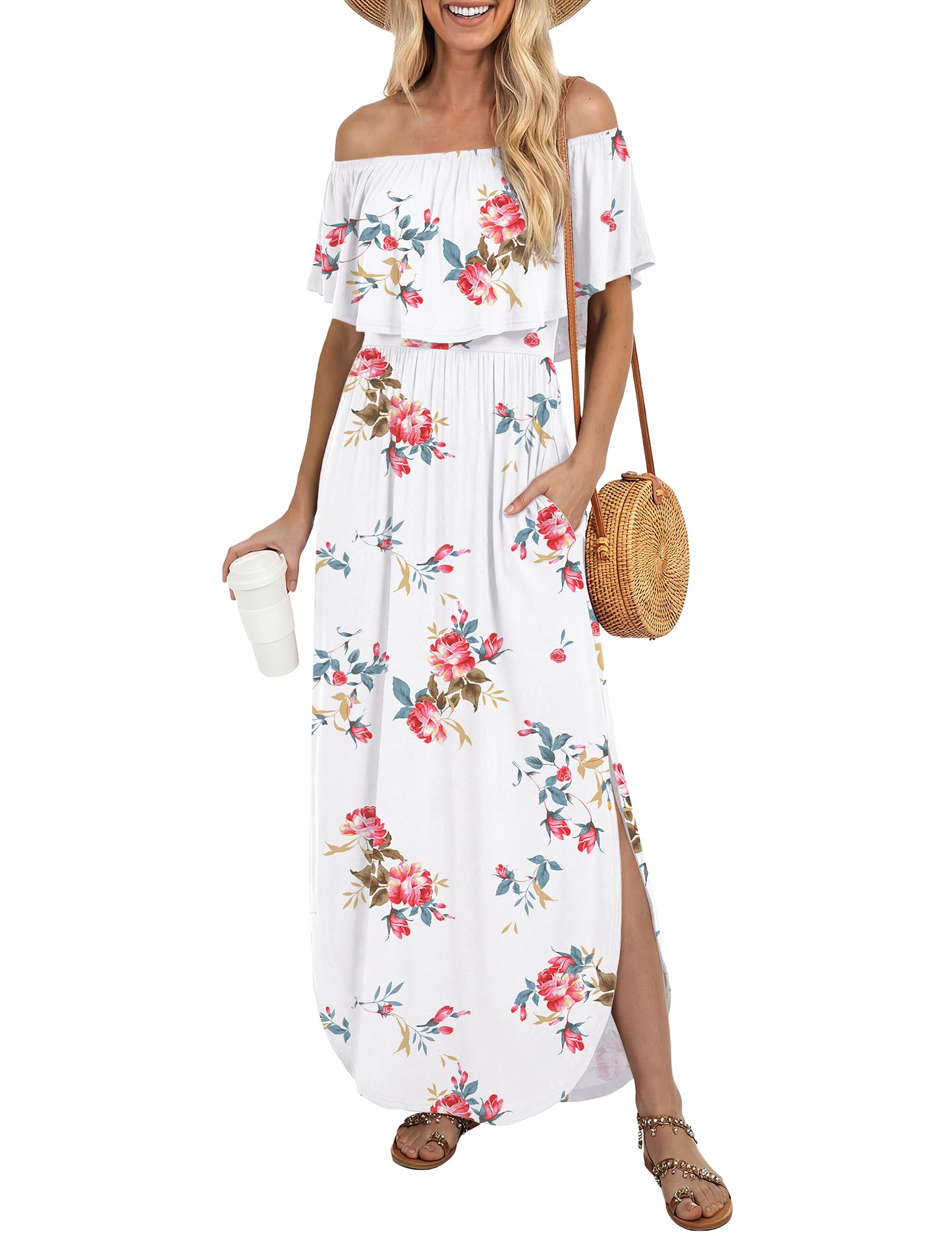 Womens Off The Shoulder Ruffle Party Dresses Side Split Beach Maxi Dress