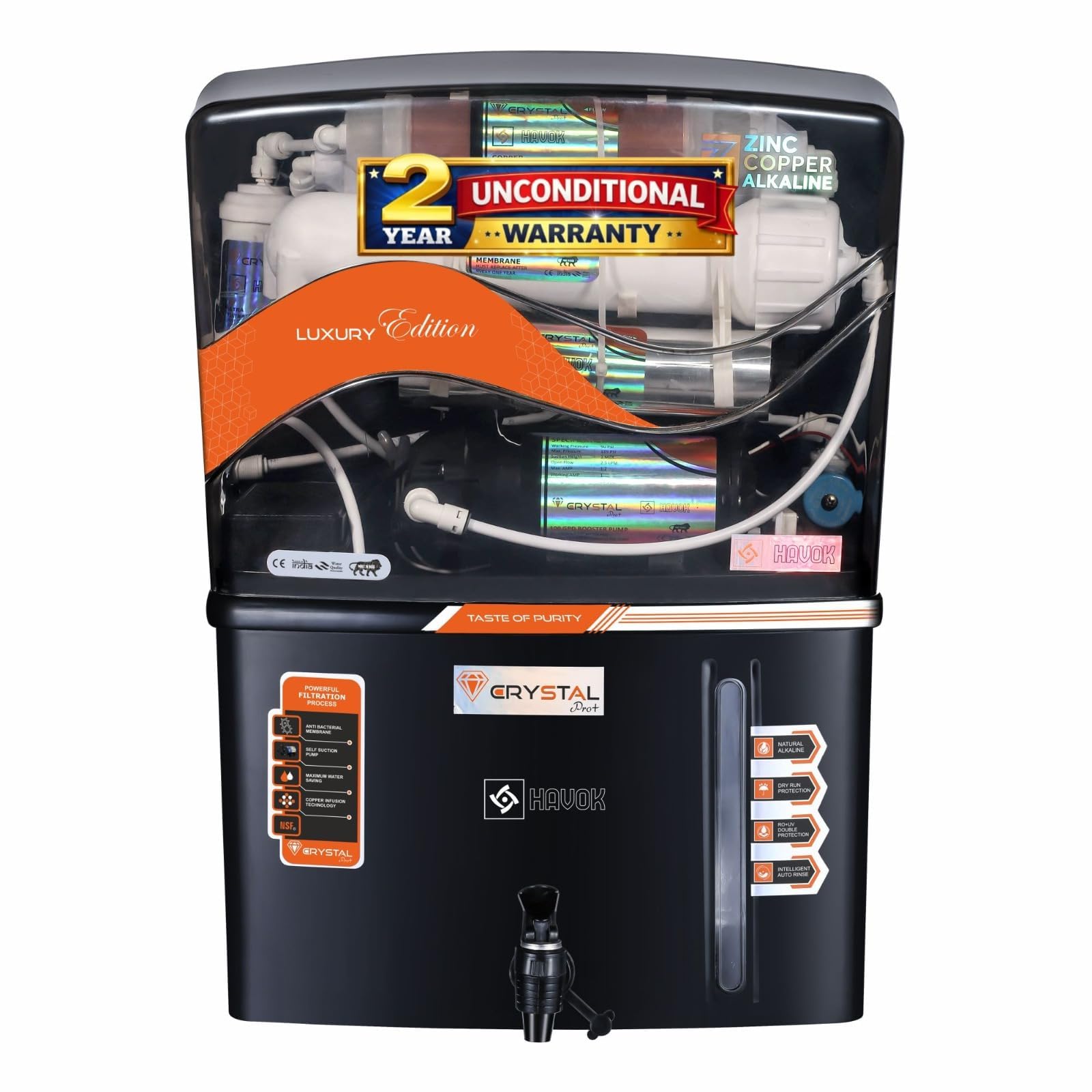 Havok Luxury Edition RO + UV + UF + TDS Controller Water Purifier with Copper + Zinc + Alkaline 3-in-1 Technology | 15 L Storage | Multi-Stage Purification for Home & Kitchen (Black)-image-19