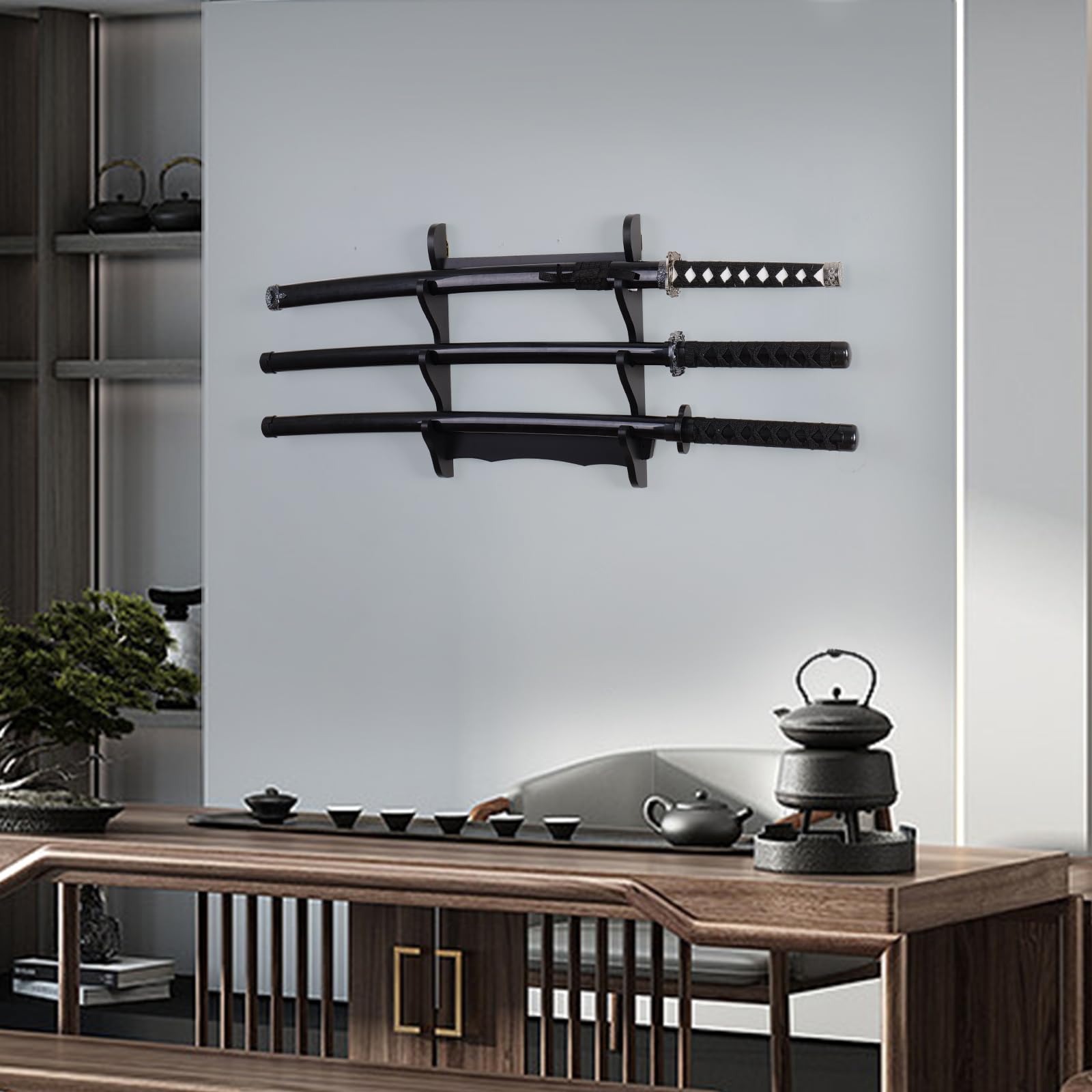 Supporto Parete Per Spade Samurai - Display 4 Livelli Per Katana, Wakizashi E Spade Da Collezione, Nero - Foto 8