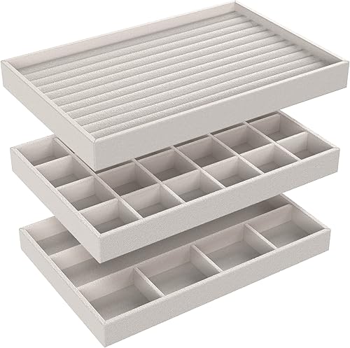 Miniatura 2 de ClosetMaid Bandejas de joyería juego de 3 apilables terciopelo suave organizador de accesorios para aretes collares relojes pulseras anillos gris