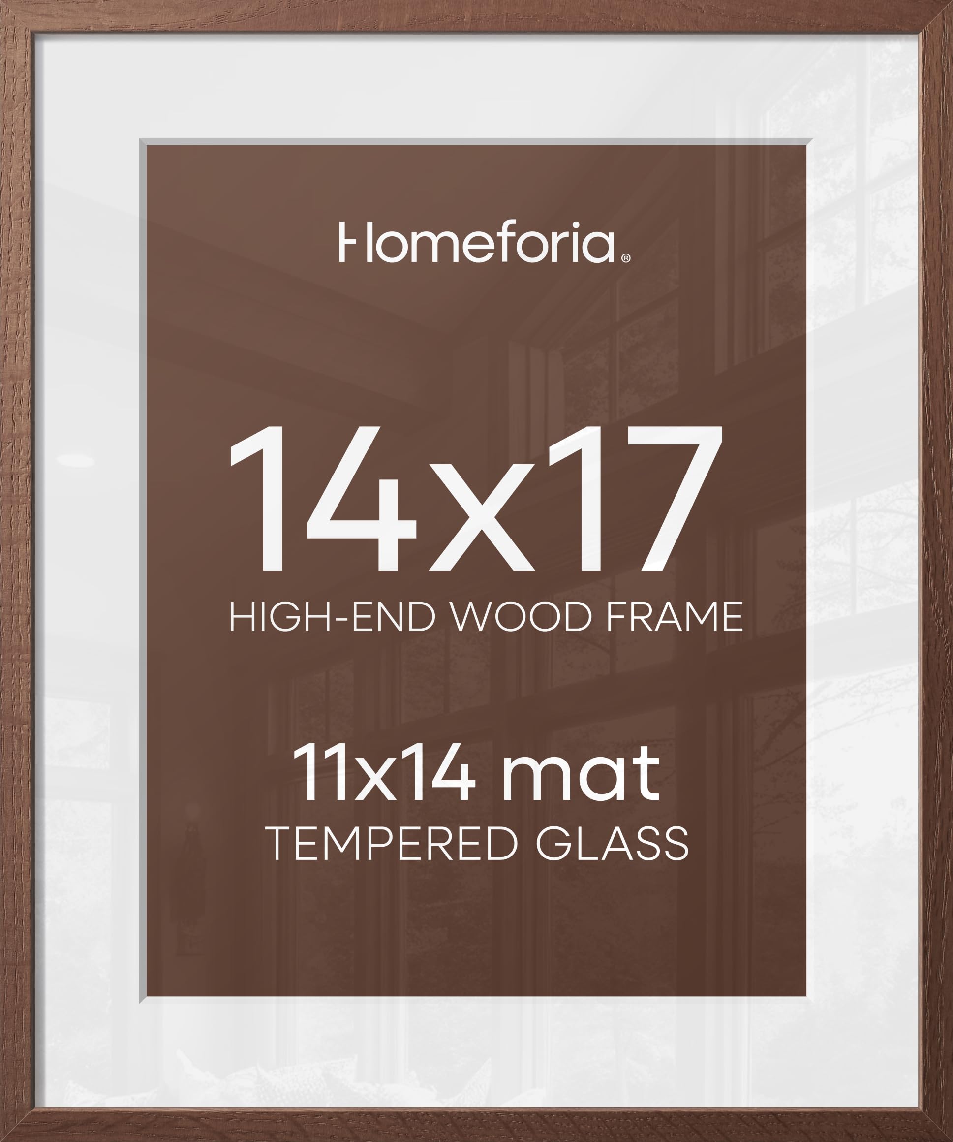 Homeforia 14x17 Brown Oak Picture Frame, High-End Wood, 11x14 Mat, Glass | High End Solid Oak Wood, Tempered Glass, Acid-Free 11x14 Removable Mat, 14x17 Edge-to-Edge Display 17x14, Wall Kit, Set Of 1