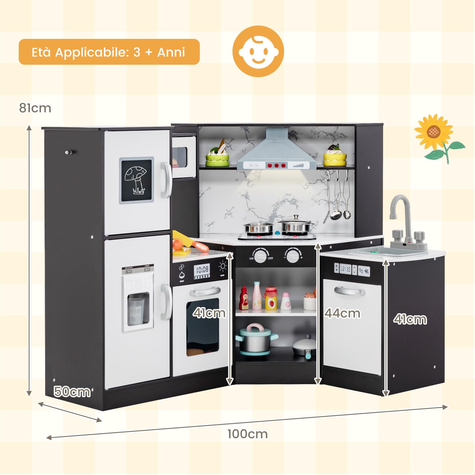 COSTWAY Set di Cucina Giocattolo per Bambini, con Suoni e Luci Divertenti, Lavabo, Forno a Microonde, Macchina del ghiaccio e Lavastoviglie, Lavagna, Ideale per Bambini 3 Anni+ (Caffè)