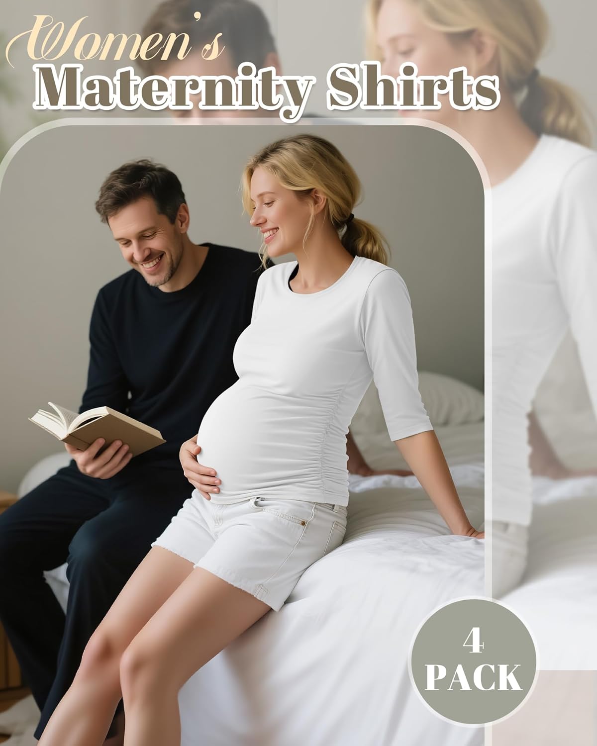 4 Pack Women's Maternity Shirts, Half Sleeve Side Ruched Tops Crew Neck Summer Casual Pregnancy Clothes - Image 4