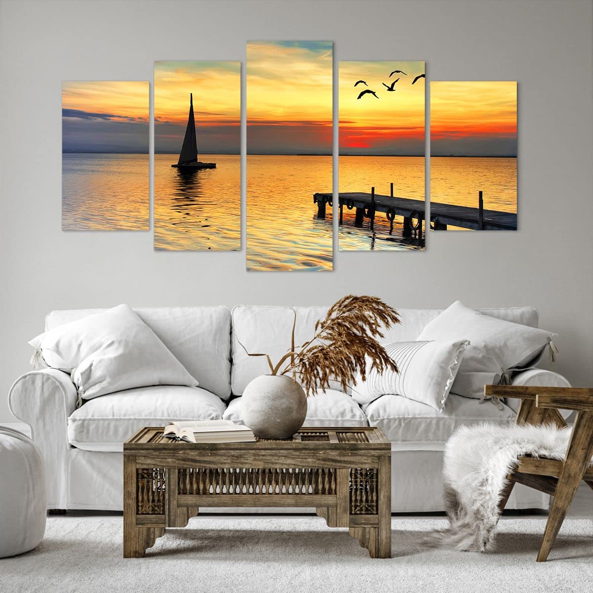 ARTTOR Cuadros Decoracion Salon Playa paisaje agua puente Lienzos decorativos 160x85cm Cuadro Sobre Lienzo Moderno Dormitorio Cuadros Pared Tríptico 5 Piezas Wall Art Prints Grande XXL EA160x85-2535