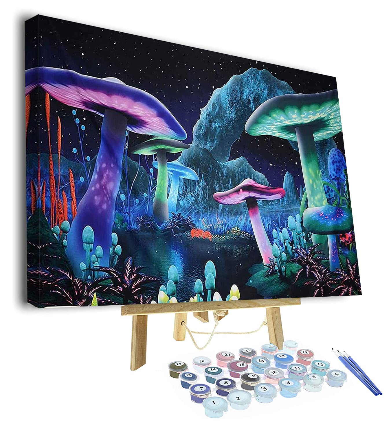 Framed Night Mushroom World DIY Oil Painting Kit on Canvas Paint by Numbers for Adults Beginner & Kids with Paintbrushes and Acrylic Pigment Arts Craft for Home Wall Decor Children's Gift 40x50cm