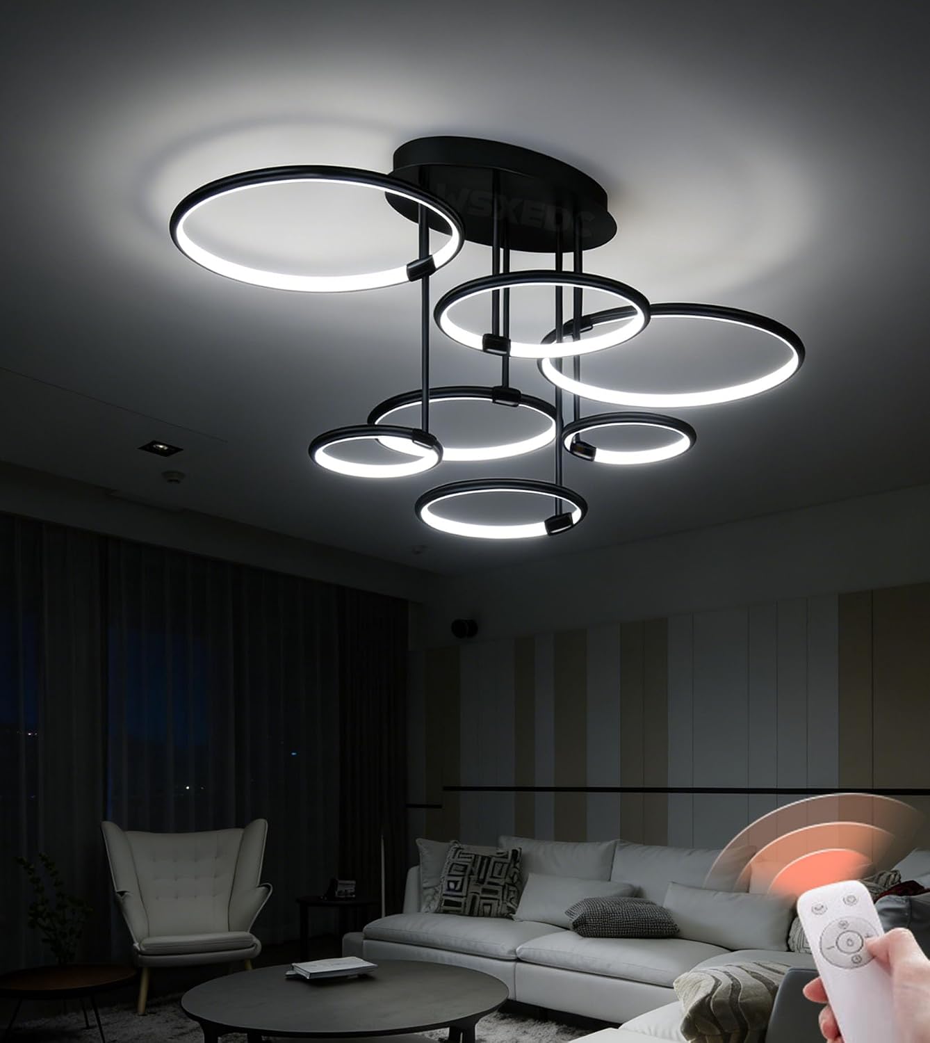 110 cm LED Ceiling Light 7 Rings Black Ceiling Lamp with Night Light Function Large Living Room Lamp 145 W Dimmable Ceiling Lighting for Bedroom Dining Room Office Kitchen Black 7 Rings [Energy Class C]
