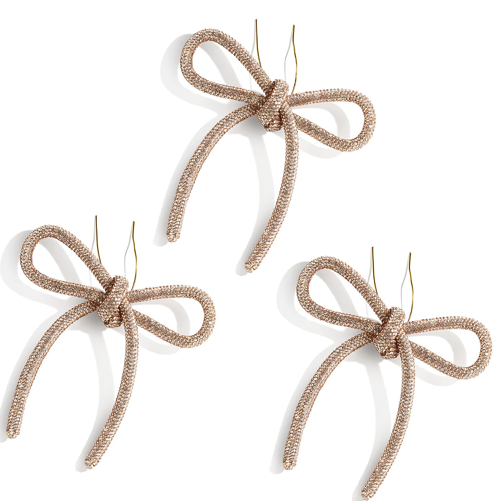 2025 Christmas Bow Ornaments, 3Pcs Champagne Bow Christmas Tree Ornament, Xmas Hanging Ornaments Decor Gift for Women Family Wreath, Garland, Gift Wrapping,Made with Rhinestones