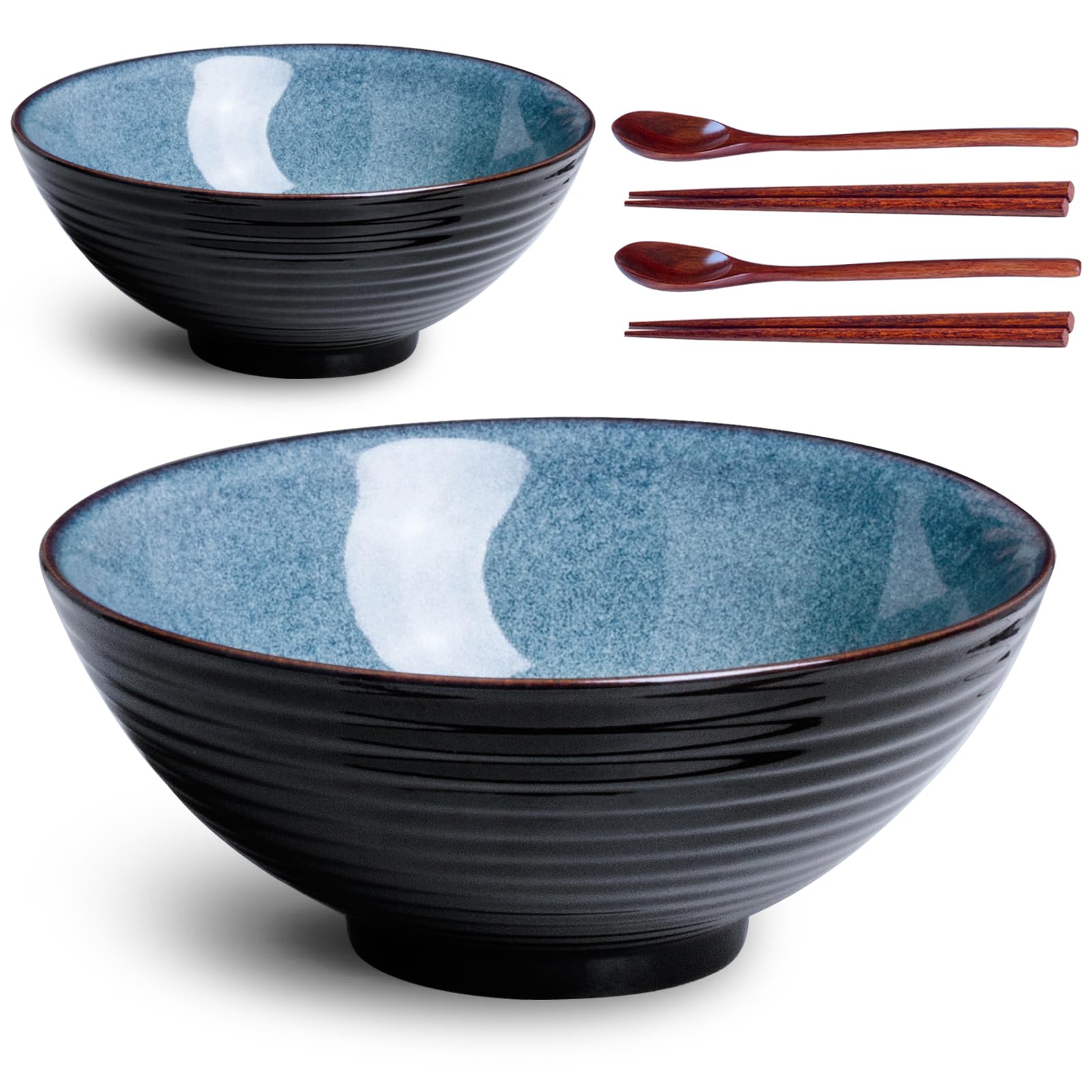 8 Inch Ceramic Ramen Bowl Set of 2, 40oz Ramen Bowls with Spoons and Chopsticks for Pho Noodle Soup, Blue