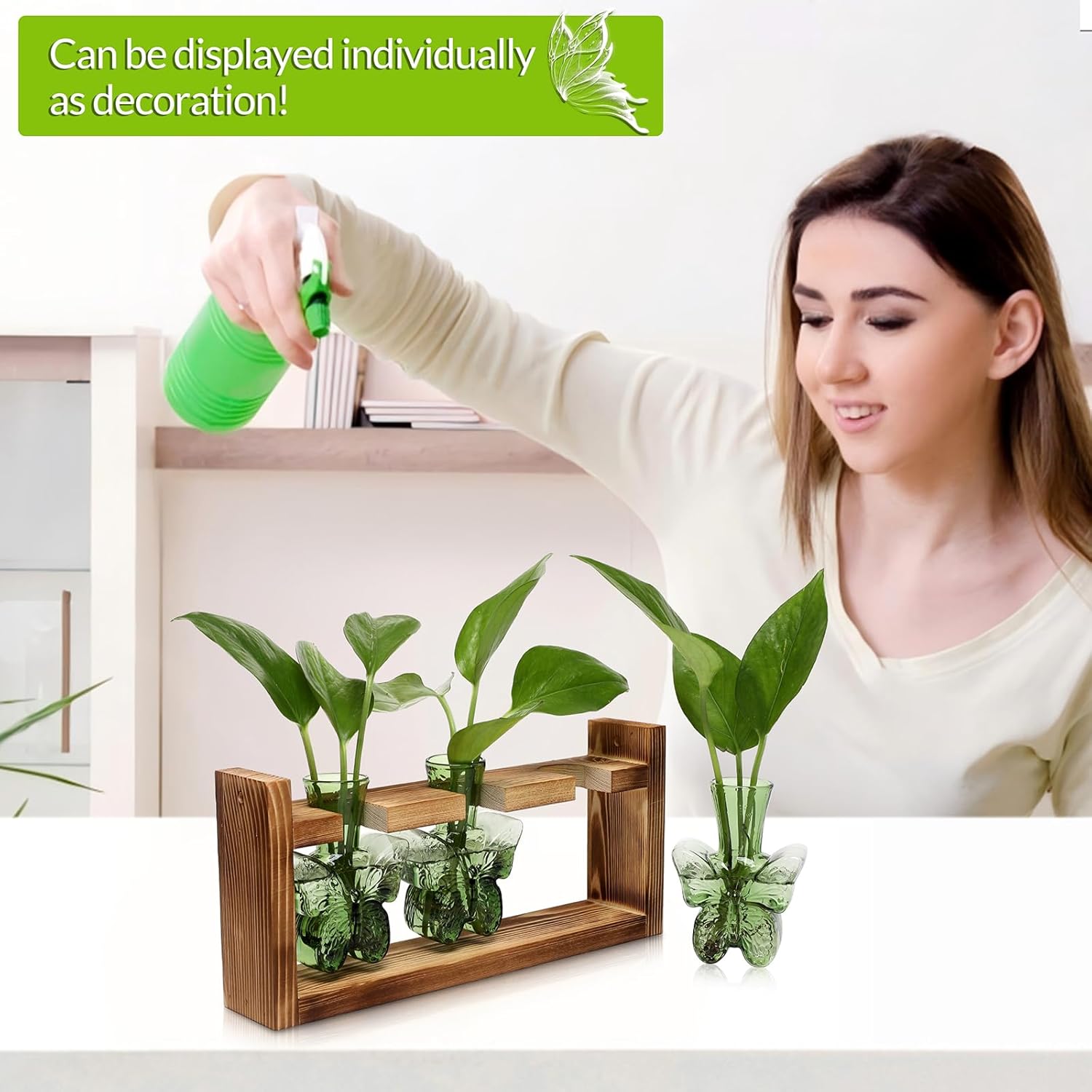 Glass Plant Propagation Station Butterfly Planter Vase with Wooden Stand Birthday Gifts for Women Mom Plant Lovers Office Home Decoration - Image 5