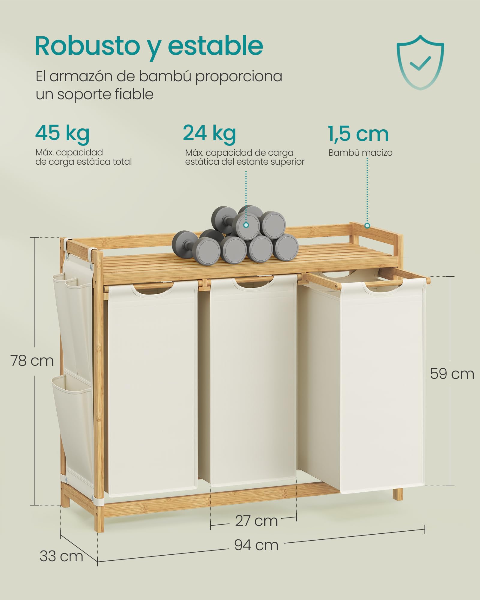 SONGMICS Cesto para Ropa Sucia de Bambú, 3 Compartimentos (150L), con Estante y Bolsas Extraíbles, 94 x 33 x 78 cm, para Baño, Blanco Crema RLH115W01
