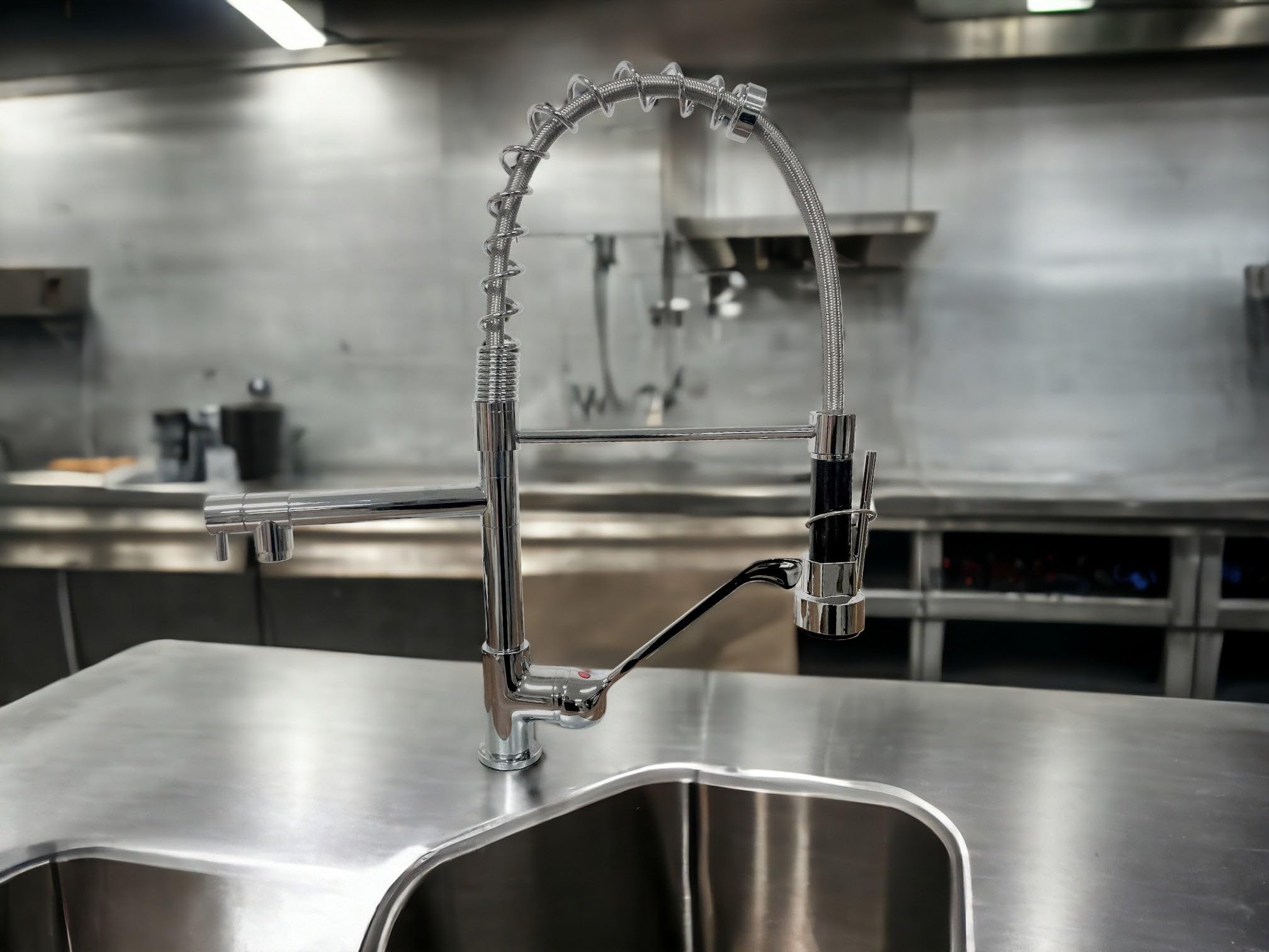 BAGNOCLIC | Robinet mitigeur cuisine professionnel | Argent, laiton chromé | Double sortie, douchette de prélavage, poignée ergonomique | Praticité et robustesse pour cuisines intensives
