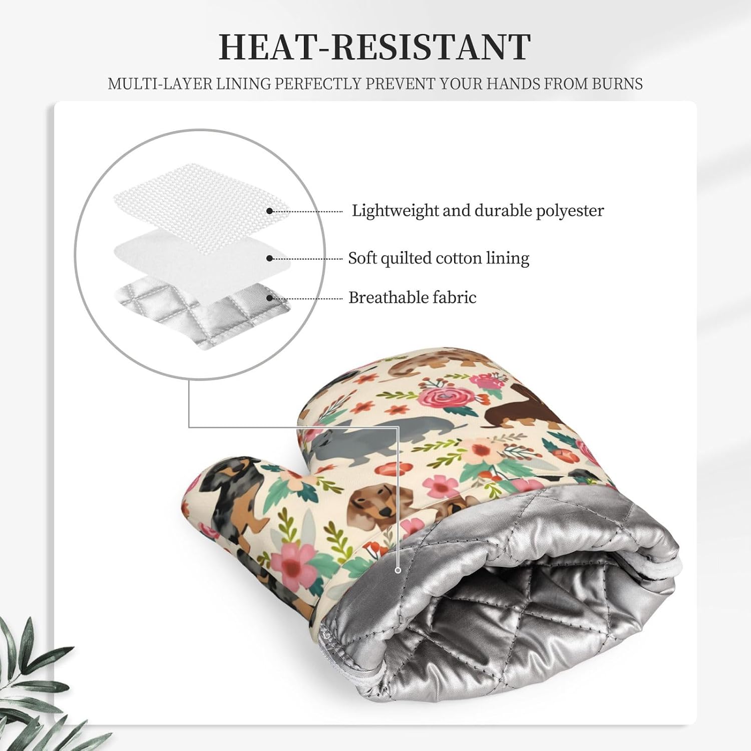 Dachshund Sausage Dogs Pink Flowers Print Oven Mitts and Pot Holders Set Heat Resistant Non-Slip Silicone Mittens with Gloves and Hot Pads Potholders for BBQ Kitchen Baking Cooking, Quilted Liner