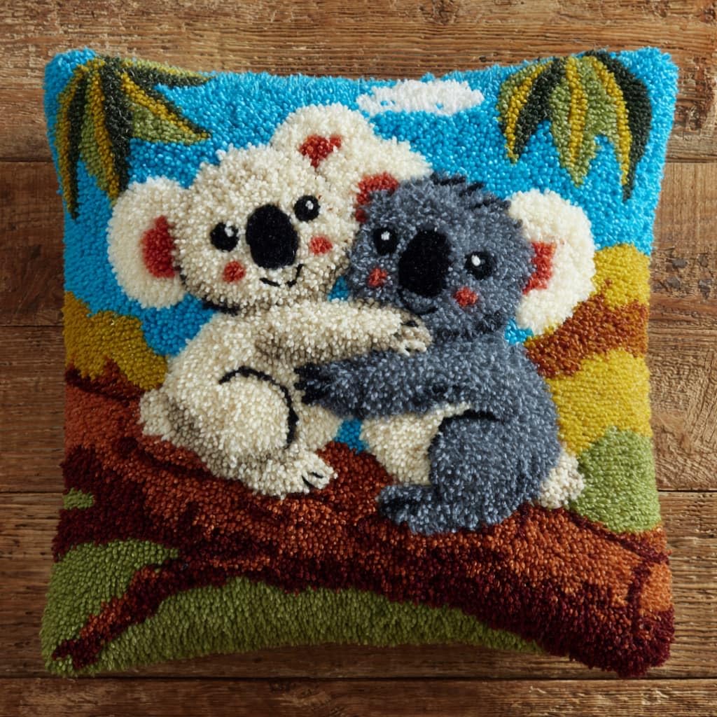 AxiangziK Latch Hook Pillow Kit for Adults,Koala 43X43Cm Handmade Embroidery Kits,Cross Stitch Sofa Cushion Cover with Crochet Yarn for Beginners and Home Decor