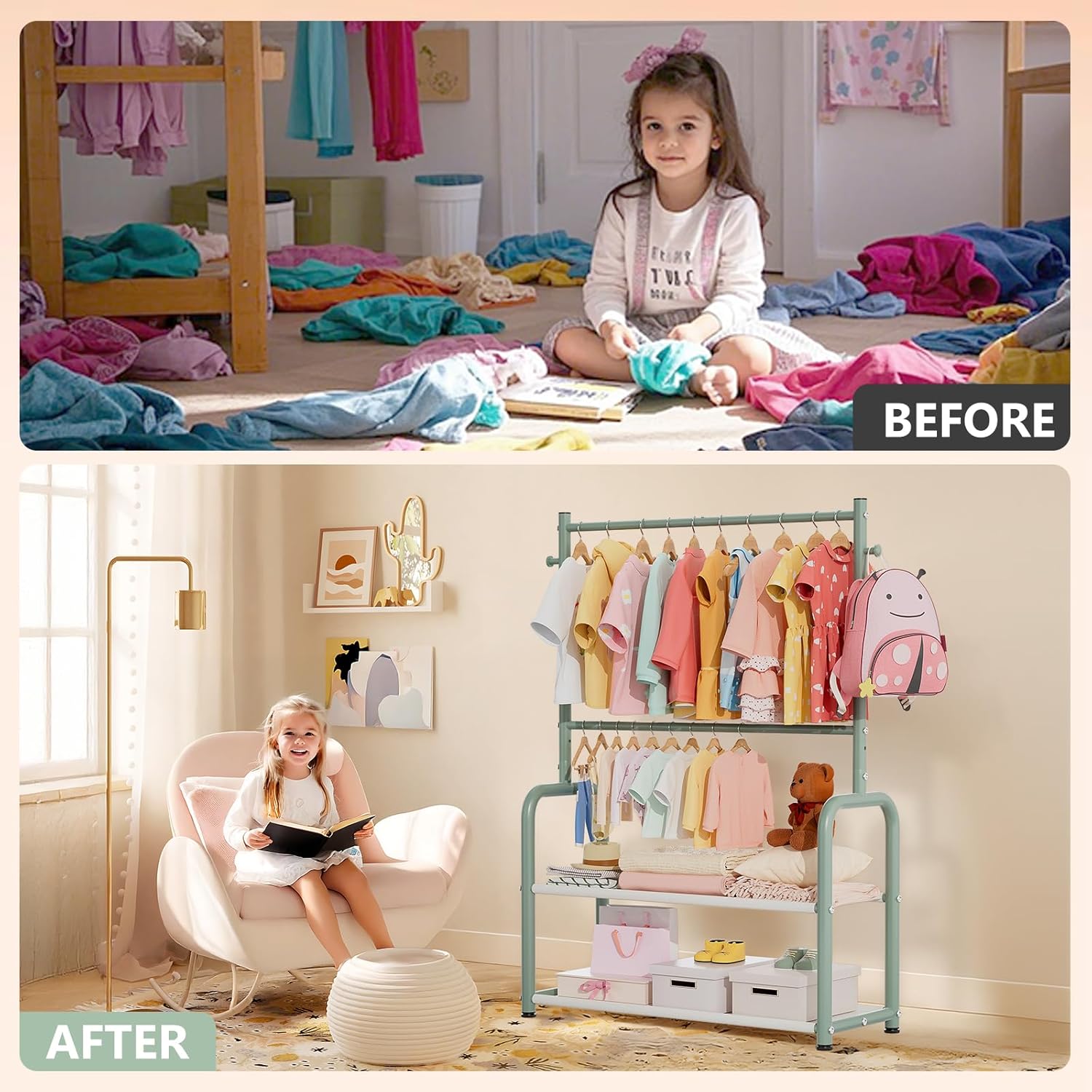 Kids Clothing Rack with 2-Layer Storage Shelf and 2 Adjustable Hanging Rods, Dress Up Rack for Hanging Clothes,Dress up Storage for Baby Toddle Kids(Classic, Green)