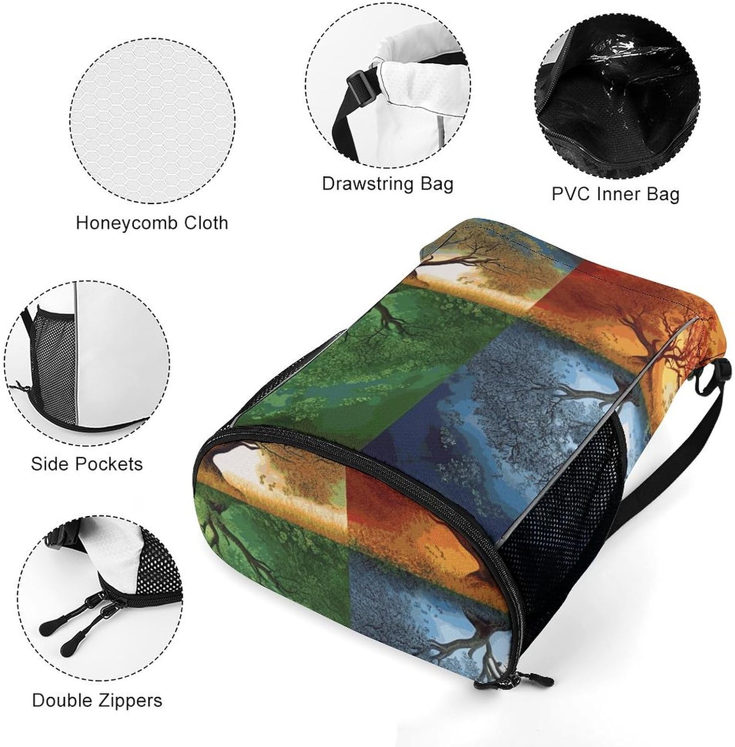 Four Season Tree of Life Drawstring Backpack with Wet Pocket - Large Capacity Gym Bag with Shoe Compartment & Mesh Pockets, Adjustable Lightweight Gym Backpack for Swimming, Travel, Workout