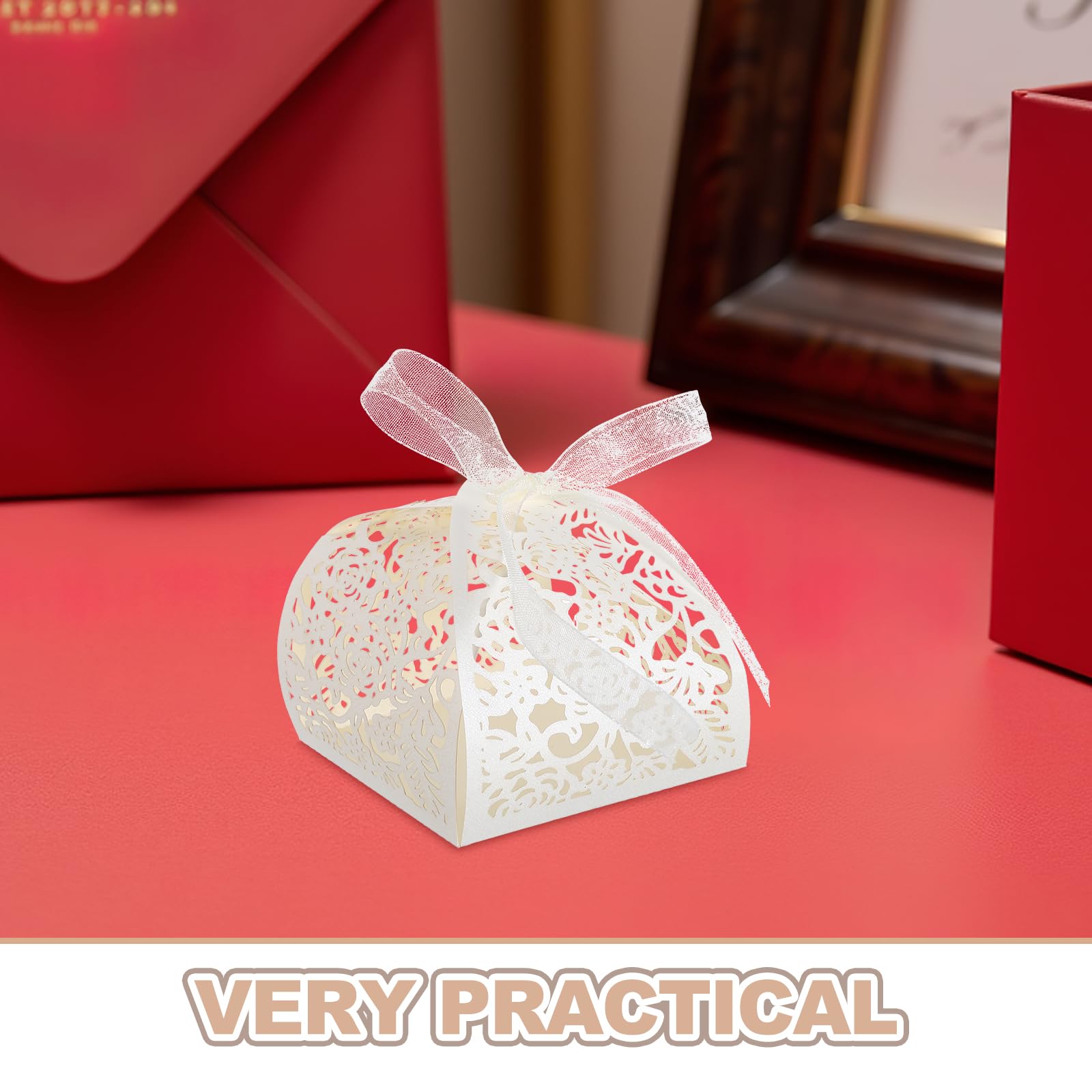 ULTECHNOVO Scatole per Dolci Matrimonio 50 Pezzi in Carta Beige con Design Rosa Traforata e Nastro Elegante per Bomboniere Feste e Party Favor