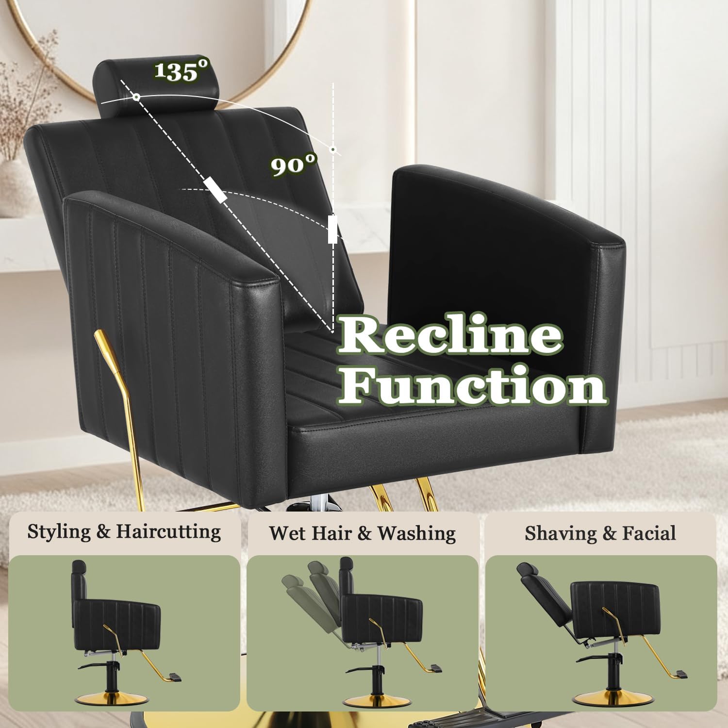 Black and Gold Salon Chair for Hair Stylist, Heavy Duty Hydraulic Barber Salon Chair with Vertical Stitch Design, 360° Swivel, Adjustable Height, Ergonomic Reclining Stylist Chairs for Beauty Salon