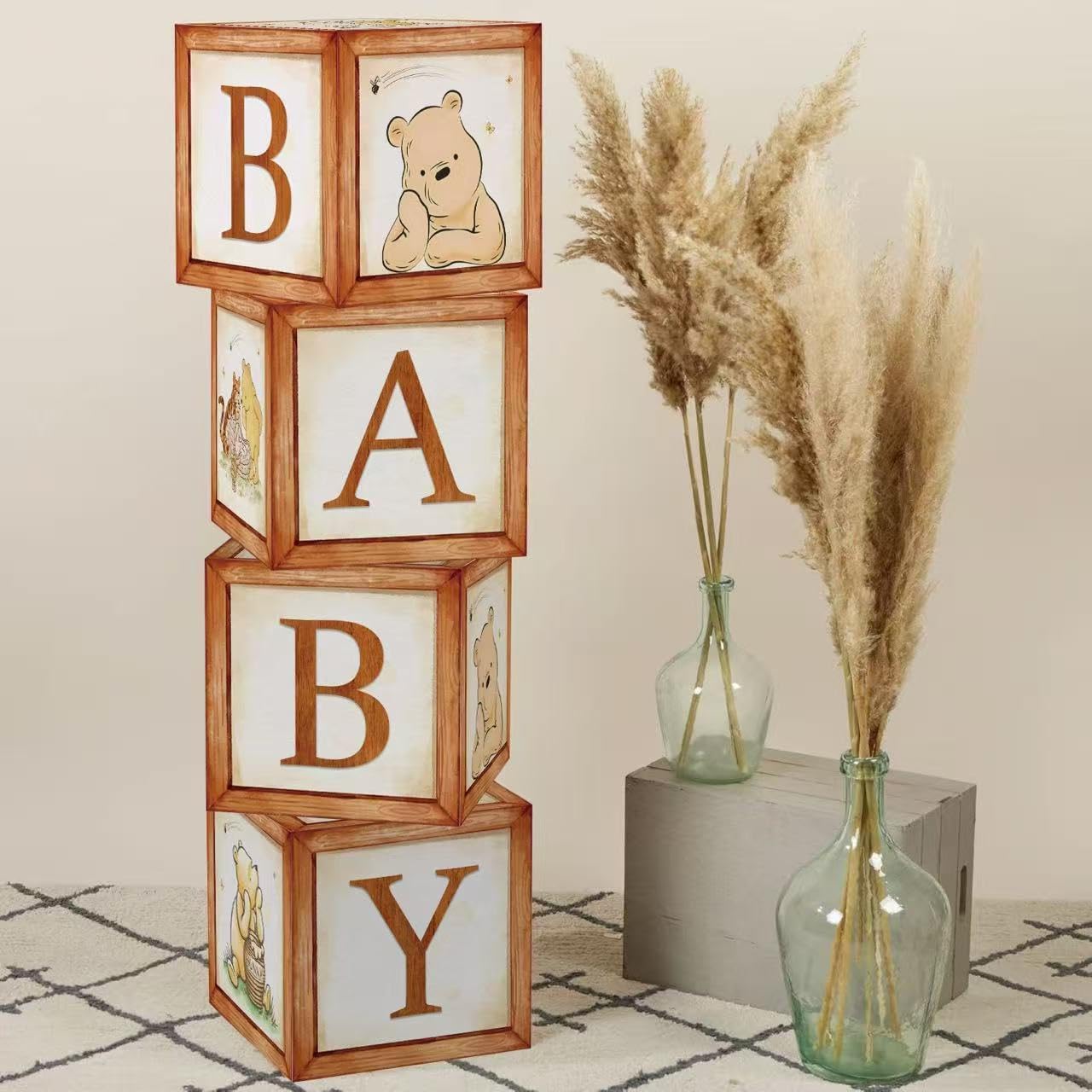 FOLNESH 4PCS Vintage Bear Baby Shower Boxes Bear Paper Gift for Baby Bear Theme Boxes Block Supplies Shower Party Supplies Classic Bear Baby Shower Favors Decorations