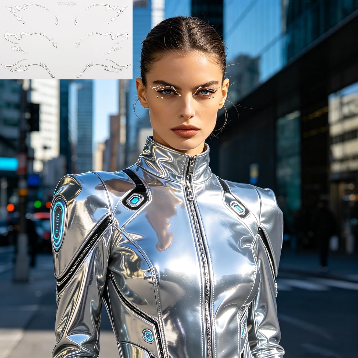 5 Pack Cyber Punk Machinery Eyeliner Sticker with Silver Face Gems Futuristic Makeup Set for Women Girls Halloween Cyber Punk Y3K Cosplay Rave Party Accessories