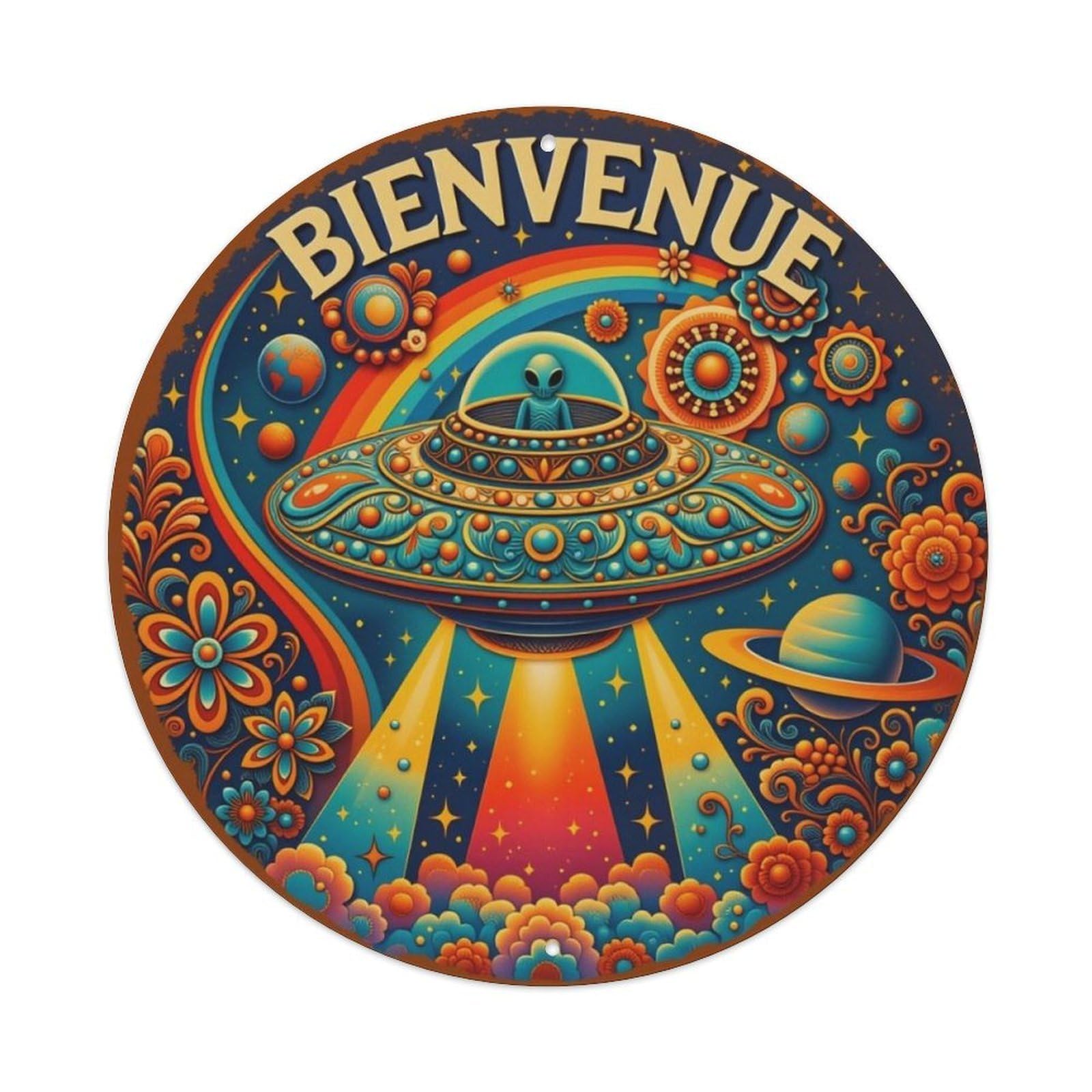 Bienvenue UFO Alien Space Round Sign Vintage Aluminium Metal Sign, Retro Wall Decor for Home, Bar, Garage & Farmhouse 20x20cm