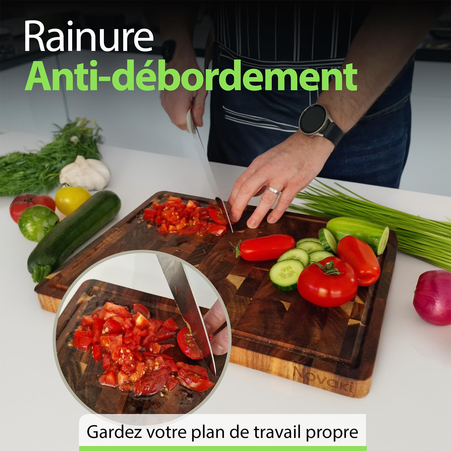 Novaki Planche à Découper Acacia Premium 40x30x2,5 cm – Bois de Bout Naturel, Double Face avec Rainure à Jus et Poignées – Fabrication Responsable et Matériaux Durables
