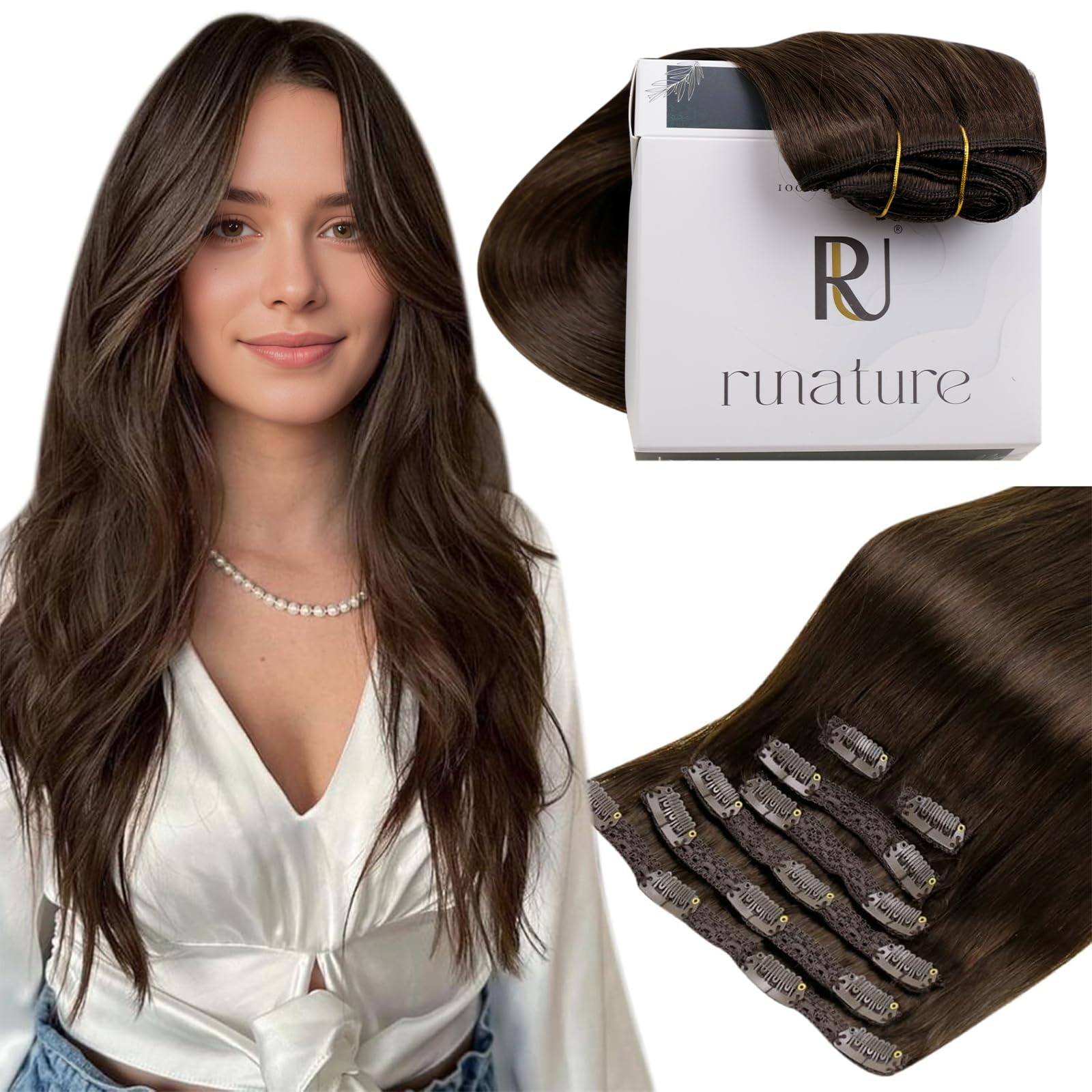 RUNATURE Clip in Hair Extensions Real Human Hair Brown Human Hair Clip in Extensions Brown Invisible Remy Straight Clip Hair 20 Inch 120g 7PCS