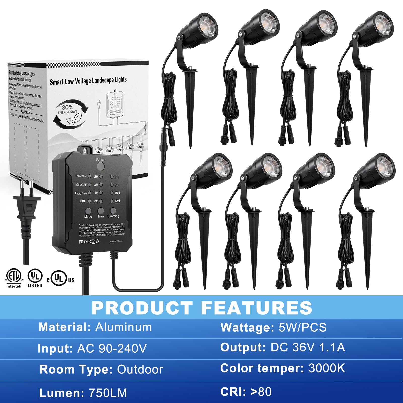 SMY Lighting 8er Set Gartenbeleuchtung, 5W Aluminium LED Gartenstrahler mit Timing und Fotozellensensor, 3000K Warmweiß, IP65 Wasserdicht, Dimmbare Strahler Außen mit Transformator für Garten Wege