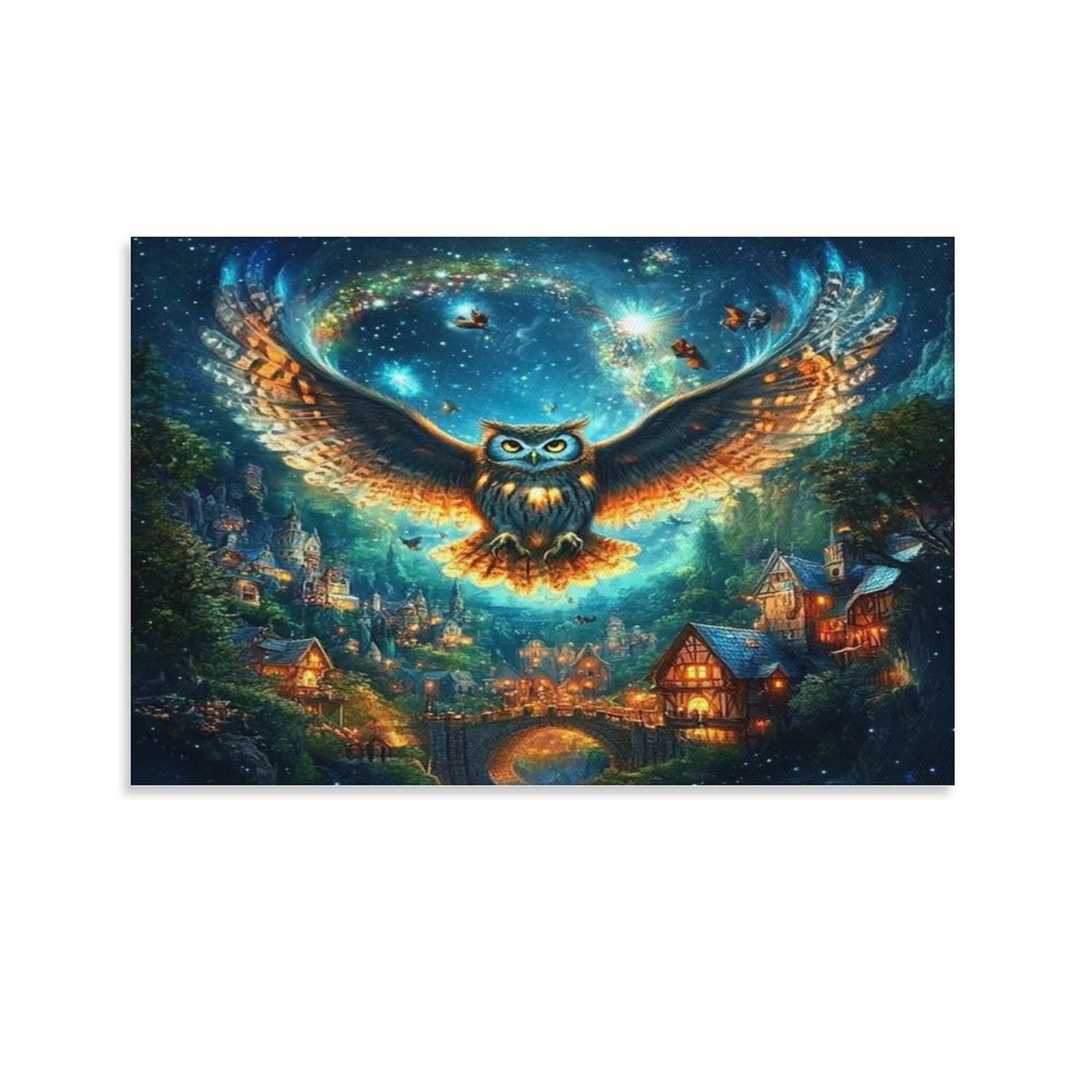 CPLVKWRQJ Starry Night Over Colorful Coastal Town Individual Glowing Owl Above Magical Tiny Cottages Framed Canvas Art - Living Room Focal Point Fade Resistant Gallery Wall Decor 08x12inch(20x30cm)
