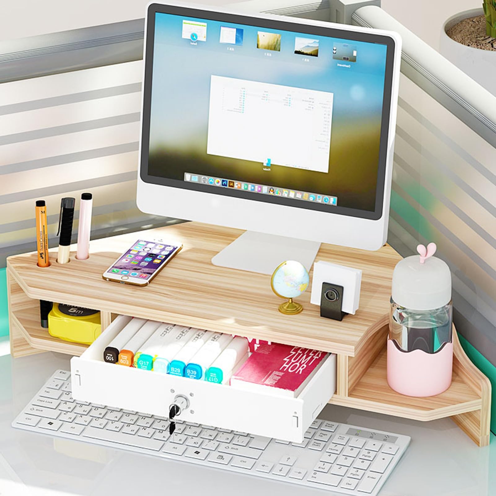 Podstawka narożna pod monitor, 2-poziomowa, z zamykaną szufladą i uchwytami na długopisy, ergonomiczna półka narożna do komputera, trójkątny organizer na laptopa do pokoju do nauki