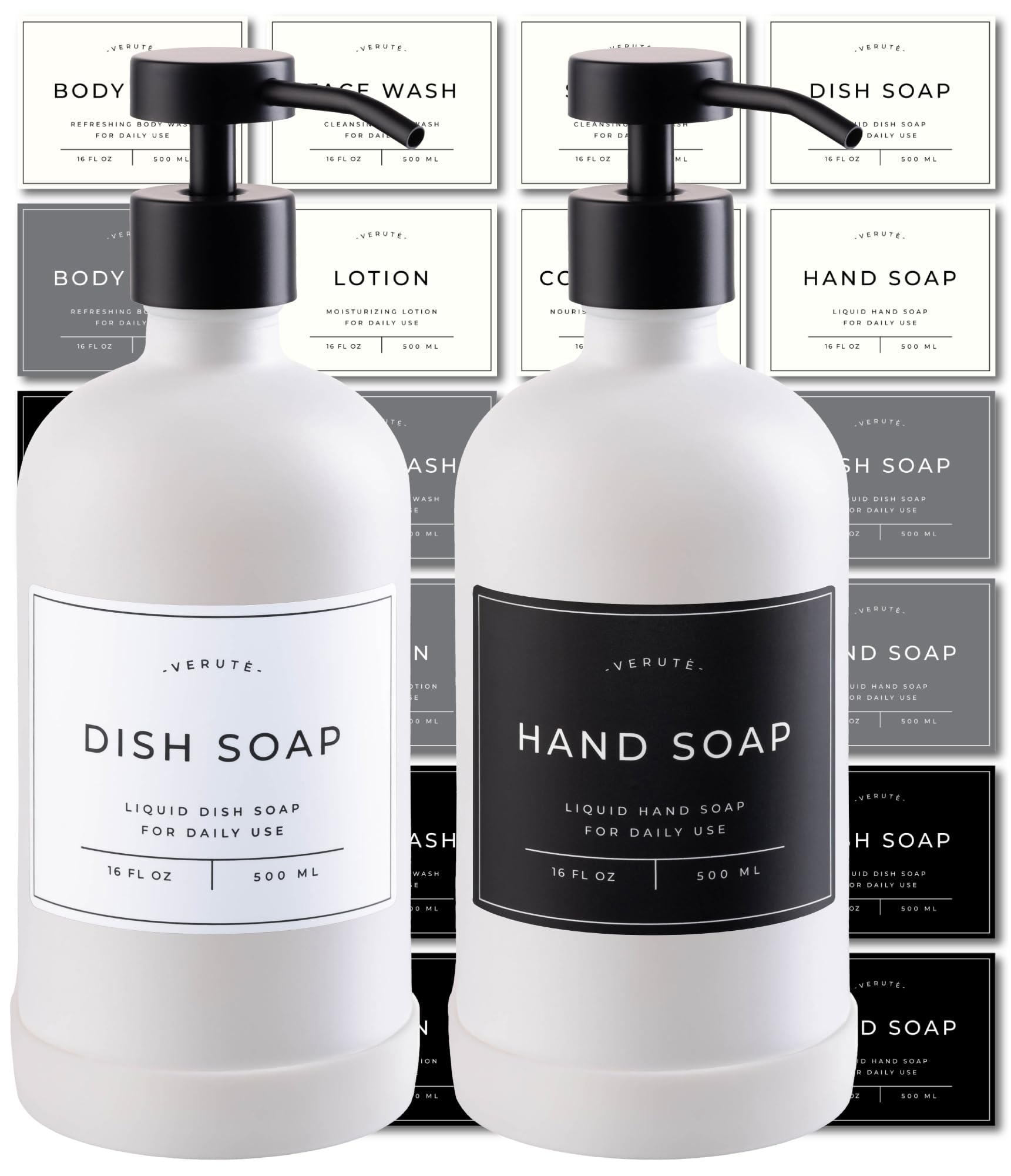 Glass Soap Dispenser Set for Kitchen & Bathroom - 2 x 500ml Refillable Glass Bottles with Stainless Steel Pumps, Non-Slip Silicone Base & 27 Waterproof Labels (Matte White Bottle/Black Pump)