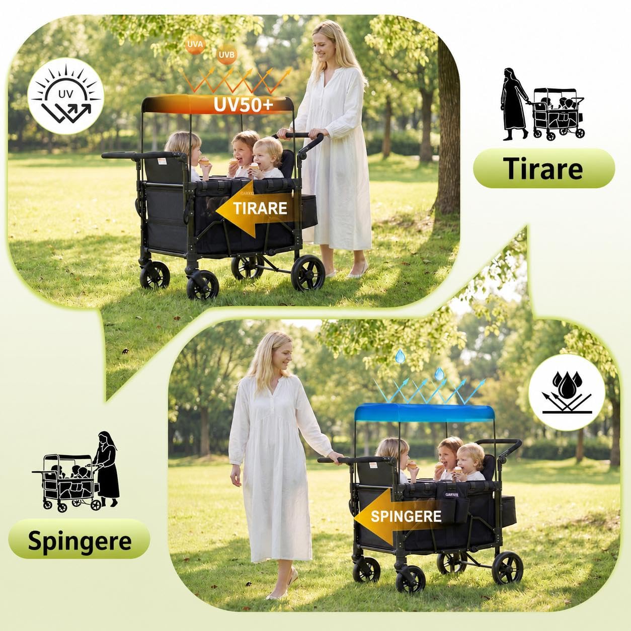 Passeggino a 4 Posti Per Bambini Pieghevole Tutto Terreno, Cappottina Regolabile, Maniglia Push & Pull, Vassoio Merenda, Imbracatura 5 Punti Di Sicurezza, Ruote Girevoli e Fisse, Spazio Ampio