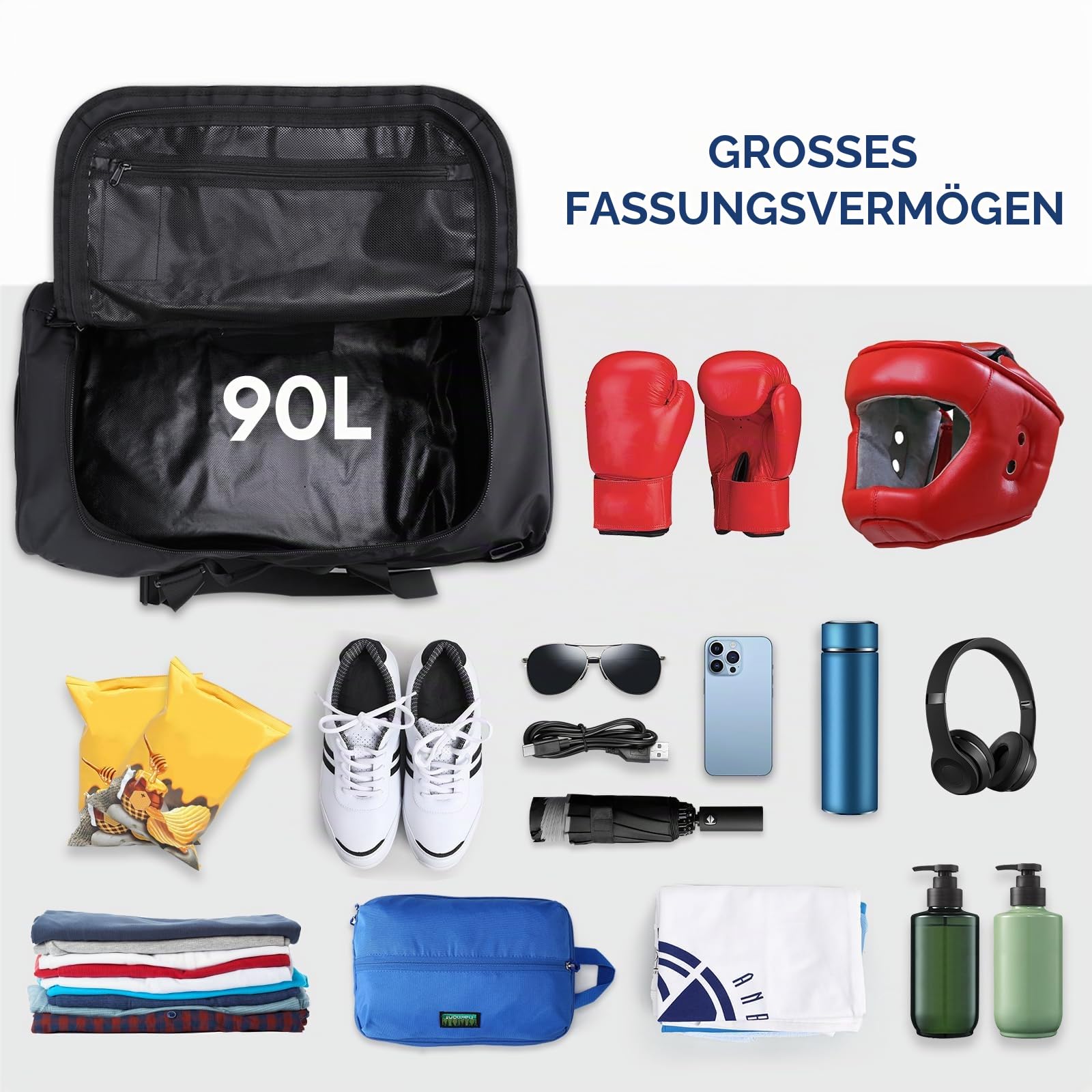 Haimont Reisetasche Sporttasche mit robusten Reisetaschen für Männer und Frauen, Camping mit umwandelbaren gepolsterten Rucksackträgern, Overnight, Wasserdicht, 90L/Schwarz