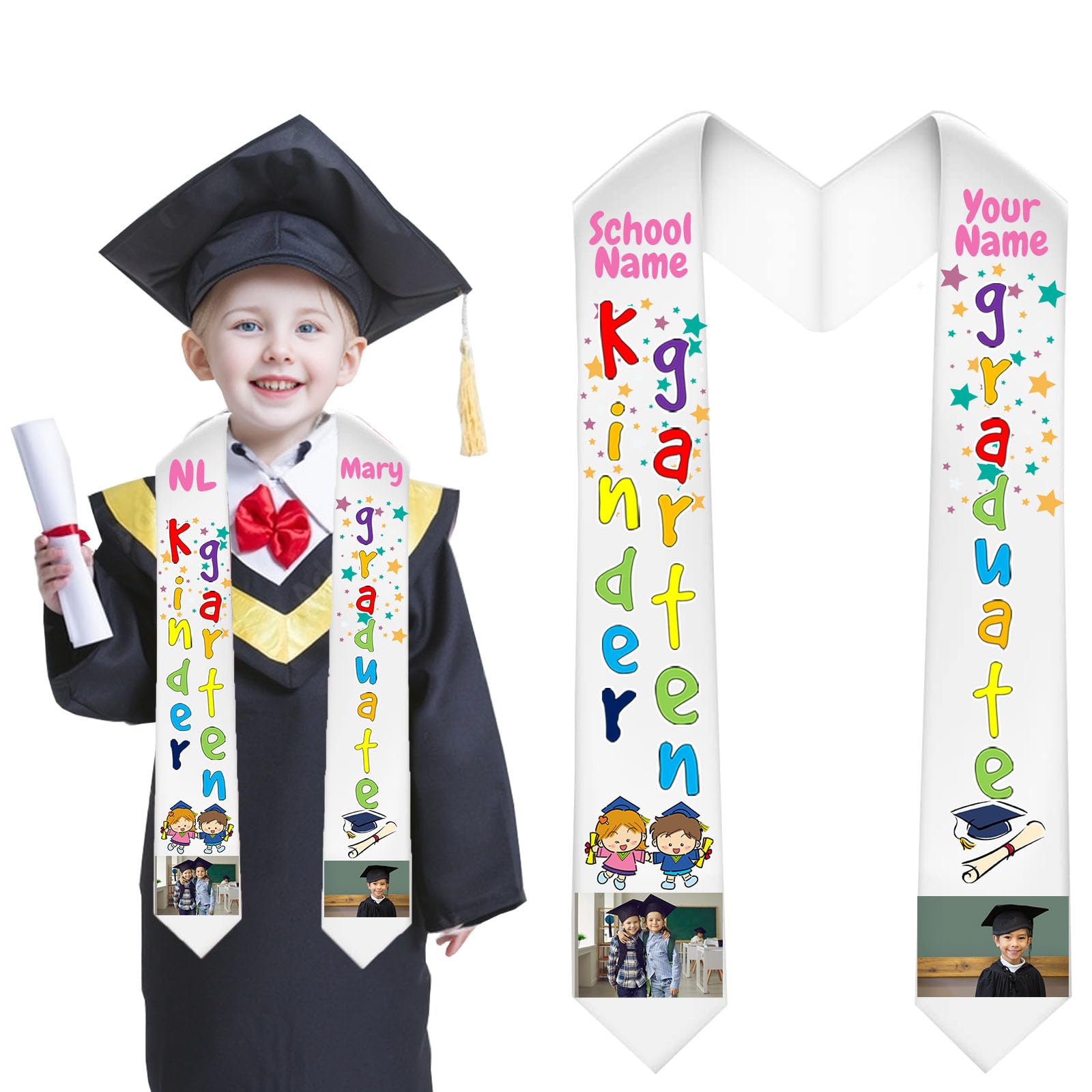 FAHOXUMR Personalized Graduation Stole for Kids 53 inch with Photo Name Custom Kindergarten Graduation Stole Class of 2025 as Graduation Gift?53 inch-Text+Photo?