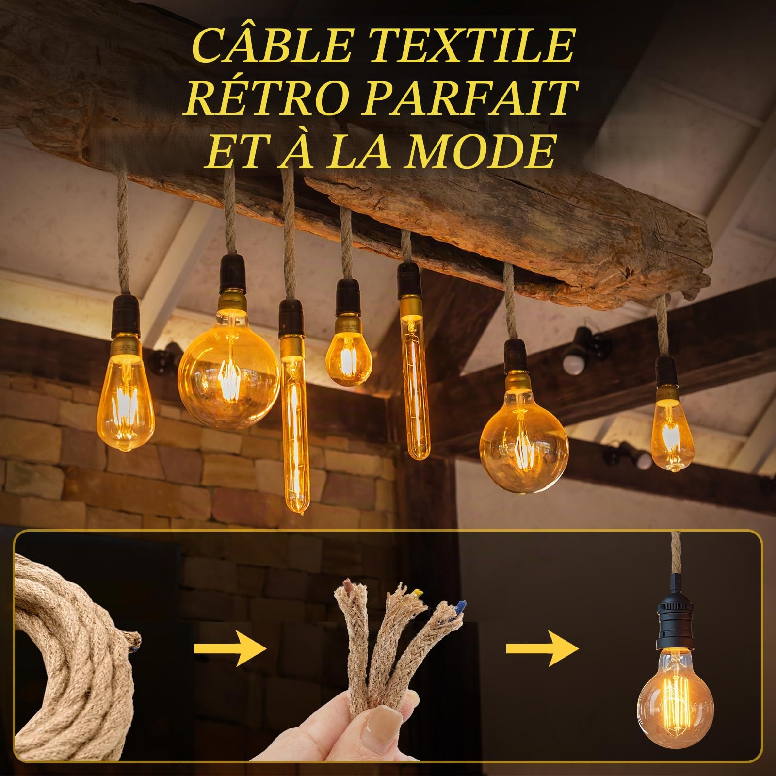 Corde Electrique 3 Noyaux,20 M Fil électrique Tissu Cable Electrique Corde 3 x 0,75mm²Rétro Corde de chanvre tressé torsadée Câble pour Accessoires de Lampe à Suspendre