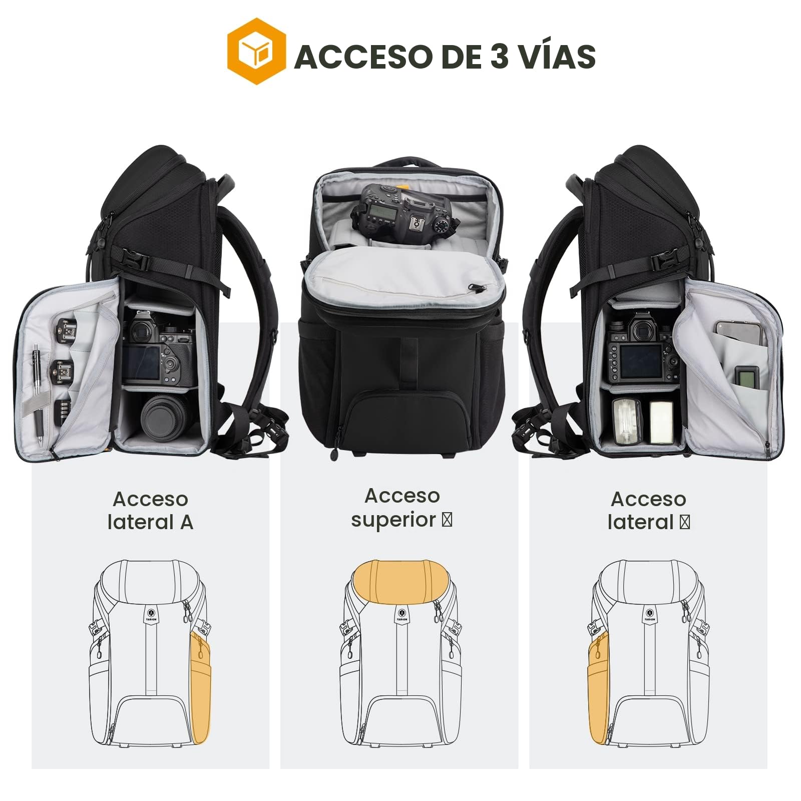 TARION Mochila para cámara Bolsa grande para cámara con apertura de doble cara Compartimento para computadora portátil de 15.6 "A prueba de agua Fotografía profesional Mochila Bolsa