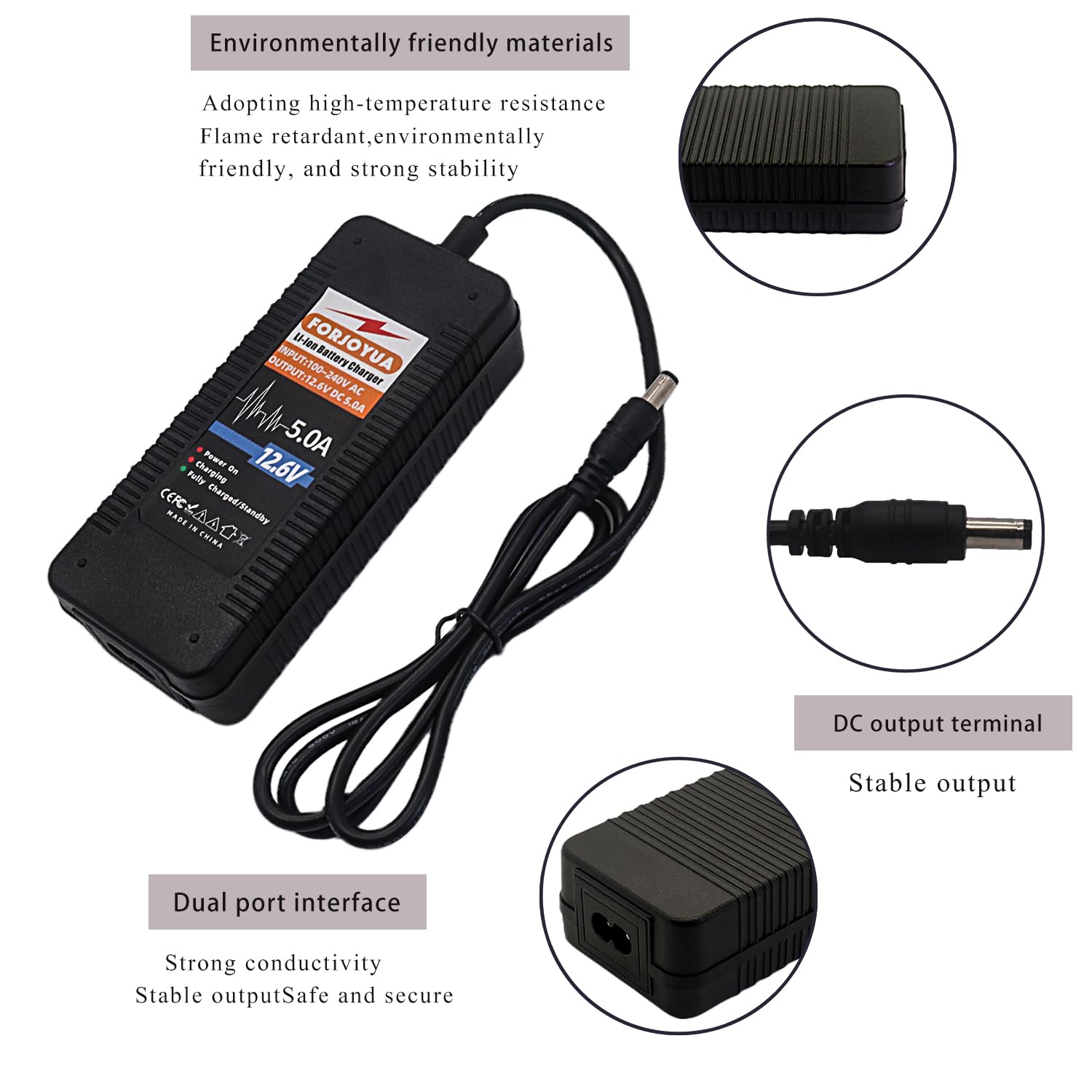 FORJOYUA 12.6V 5A AC/DC Lithium Battery Charger for 3S 11.1V Li-ion Battery Pack with DC5.5 * 2.1mm Plug Fast Charging