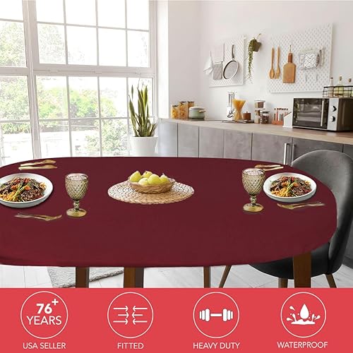 Miniatura 2 de Covers For The Home - Funda de mesa ajustable de lujo de vinilo con respaldo de franela y borde elástico, diseño de trenzado (rojo), redonda oblonga