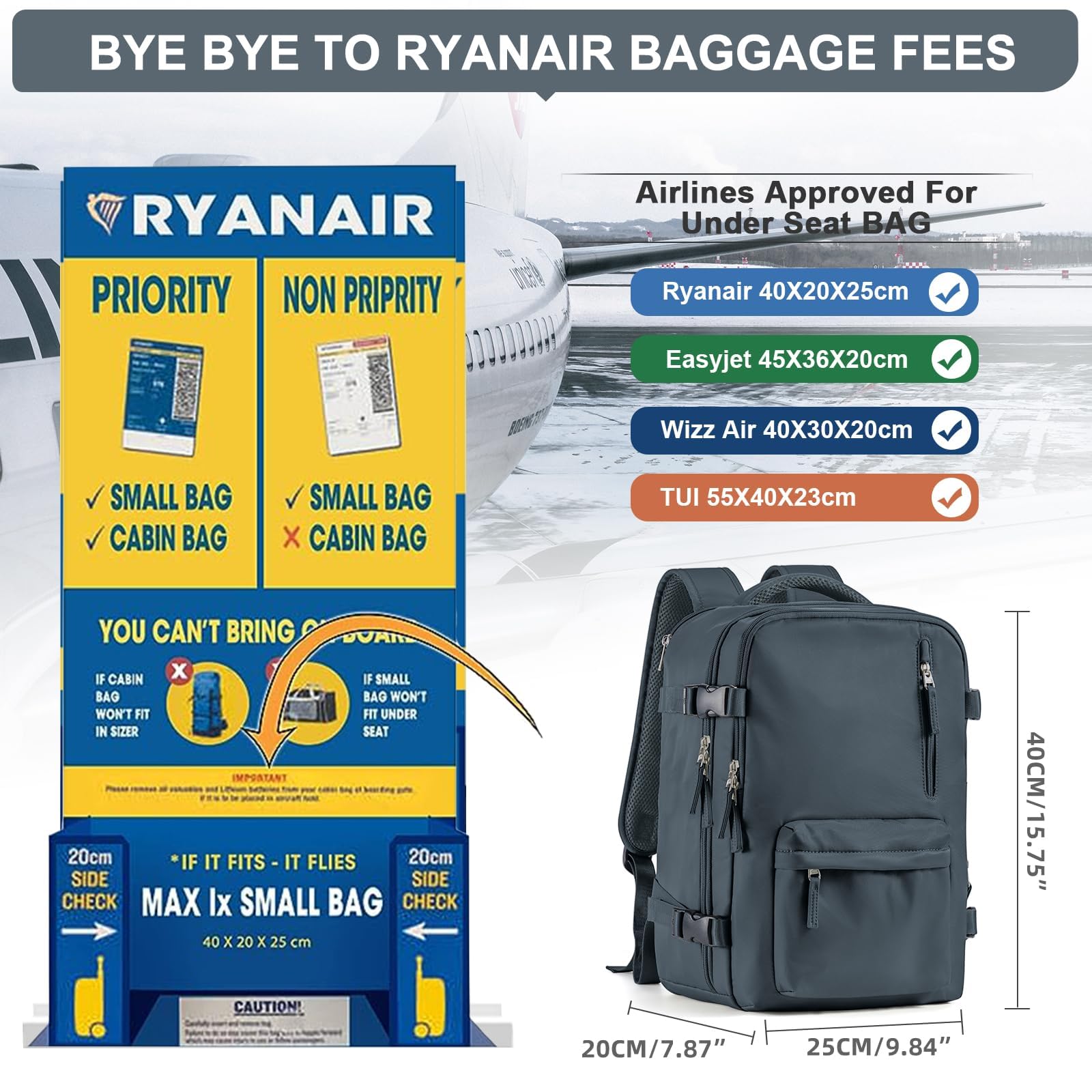 Zaino da Viaggio per Ryanair 40x20x25 Bagaglio a Mano Zaino Borse da Cabina per Ryanair Il Sedile Zaino Aereo Bagaglio a Mano Donna Borsa Cabina Viaggio Zaino Travel Viaggio Casual Daypack