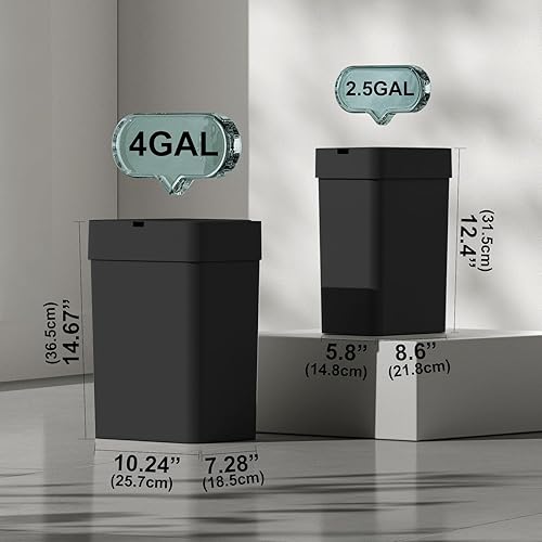 Miniatura 2 de ELPHECO Basurero de baño con tapa, paquete de 2 botes de basura automáticos, 2.5 galones + 4 galones con sensor de movimiento inteligente,