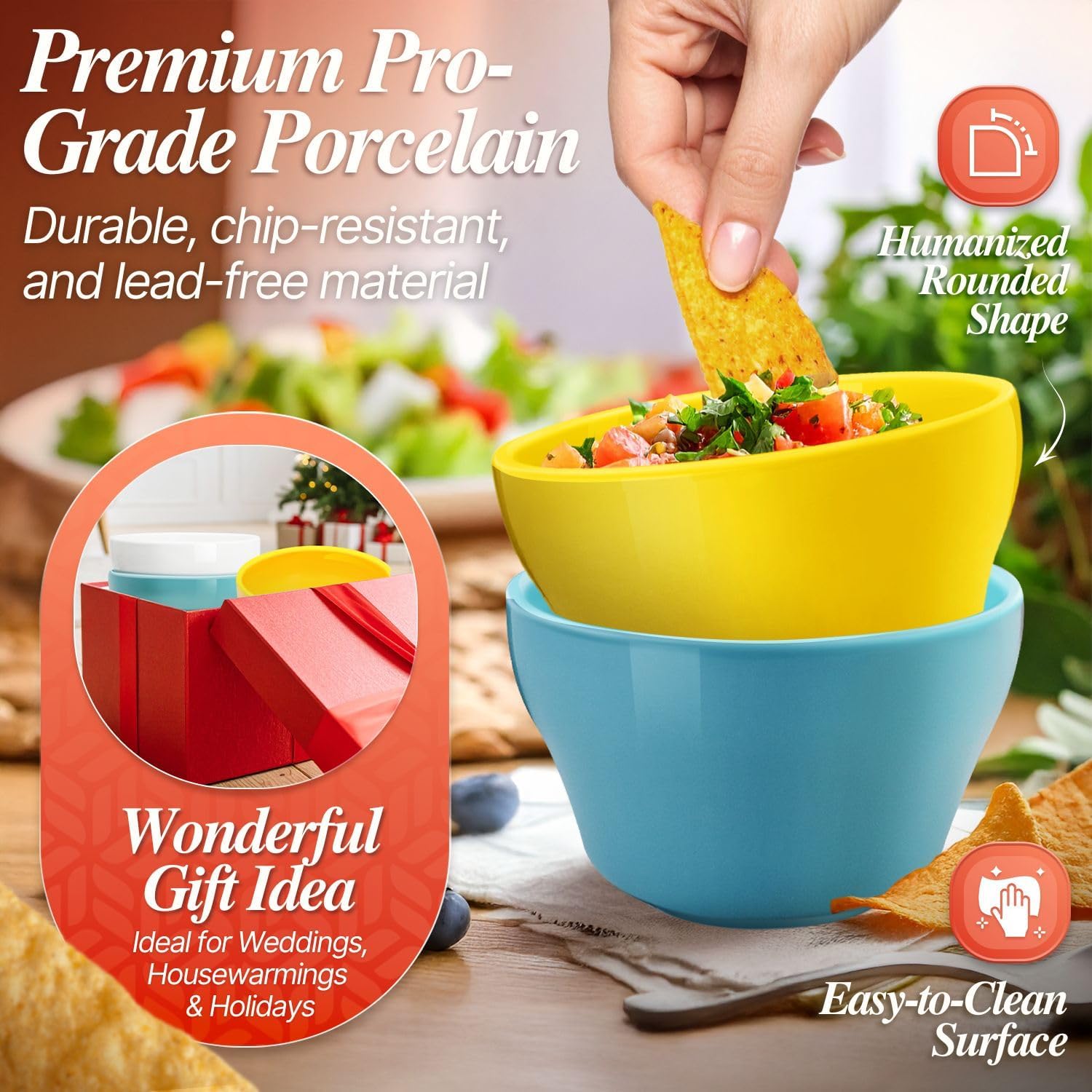 Flexzion Bouillon Cup and Soup Bowls 8 oz - Porcelain 8 Ounce Small Dessert Bowls, Dipping Sauce Bowl, Set of 6, Microwave and Dishwasher Safe, Multi Color