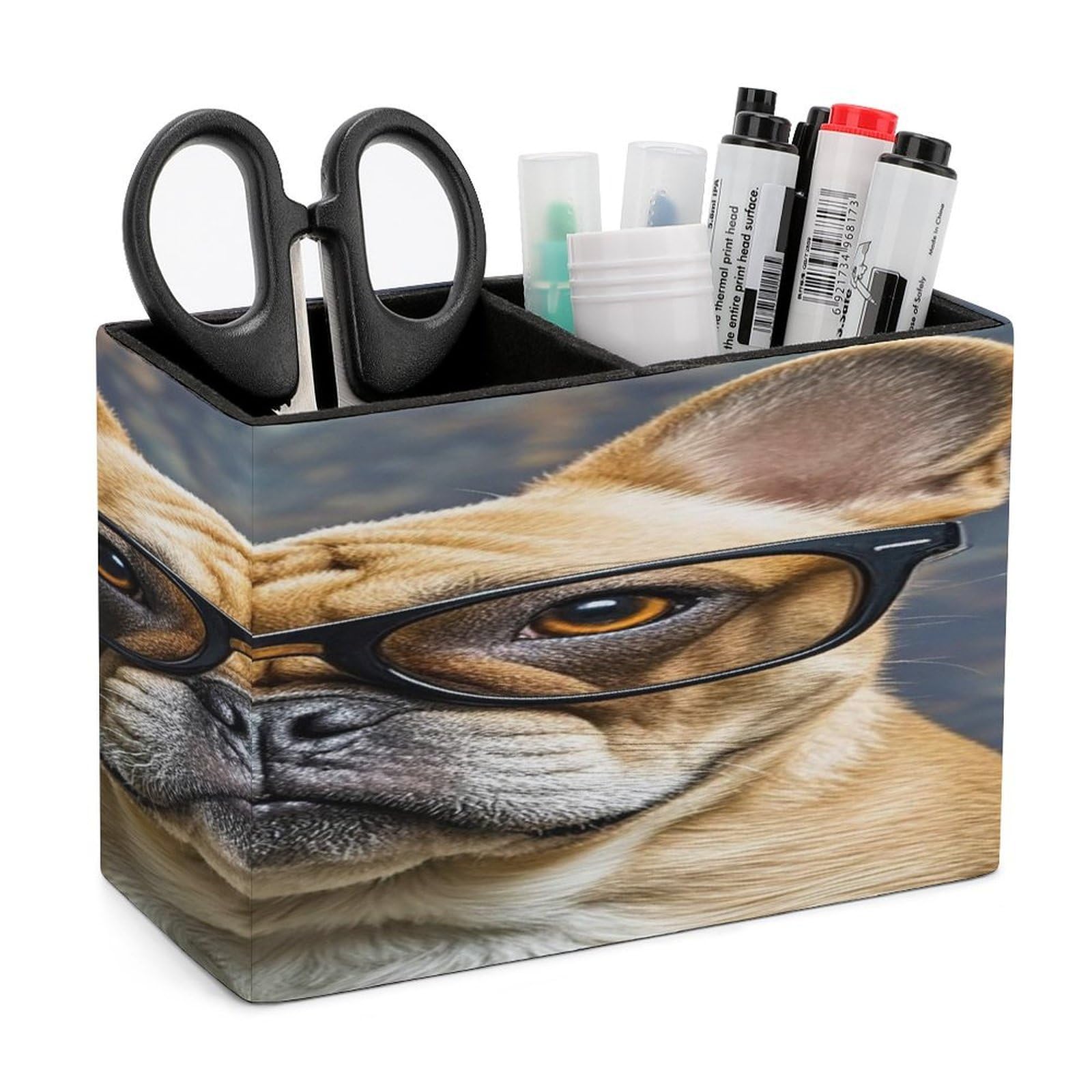 LZQPOEAS French Bulldog Wearing Sunglasses Leather Pen Holder with 2 Compartments Luxury Pencil Holder Minimalist Pencil Cup Brush Scissor Holders Elegant Pen Cup for Office Home Desk Accessories