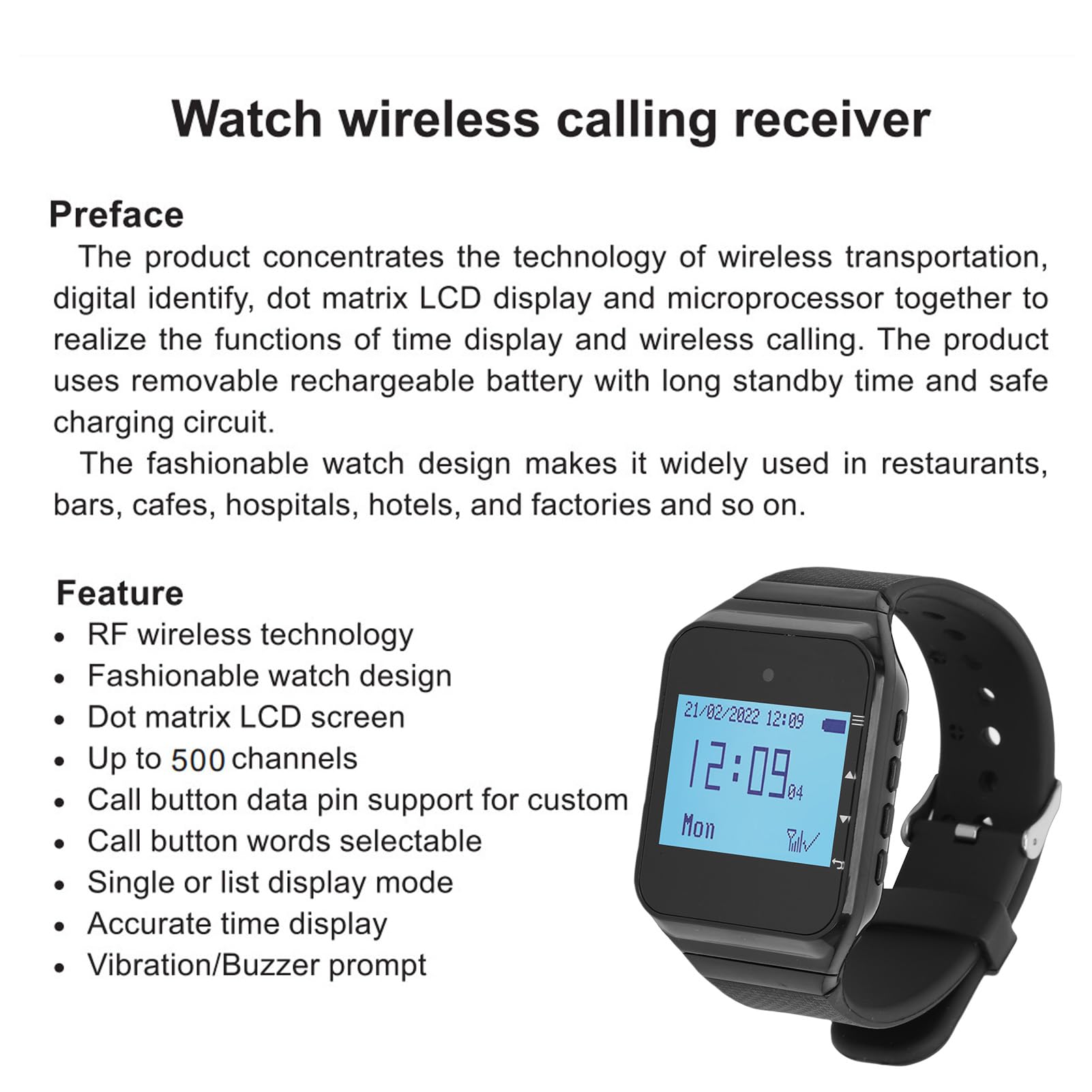 Bewinner sistem Cercapersone Ristorante, 10 Cercapersone Assistente, 1 Ricevitore Orologio, sistem di Chiamata Wireless IPX4 con Vibrazione, Lampeggiante e Cicalino per Chiesa, (BLACK)
