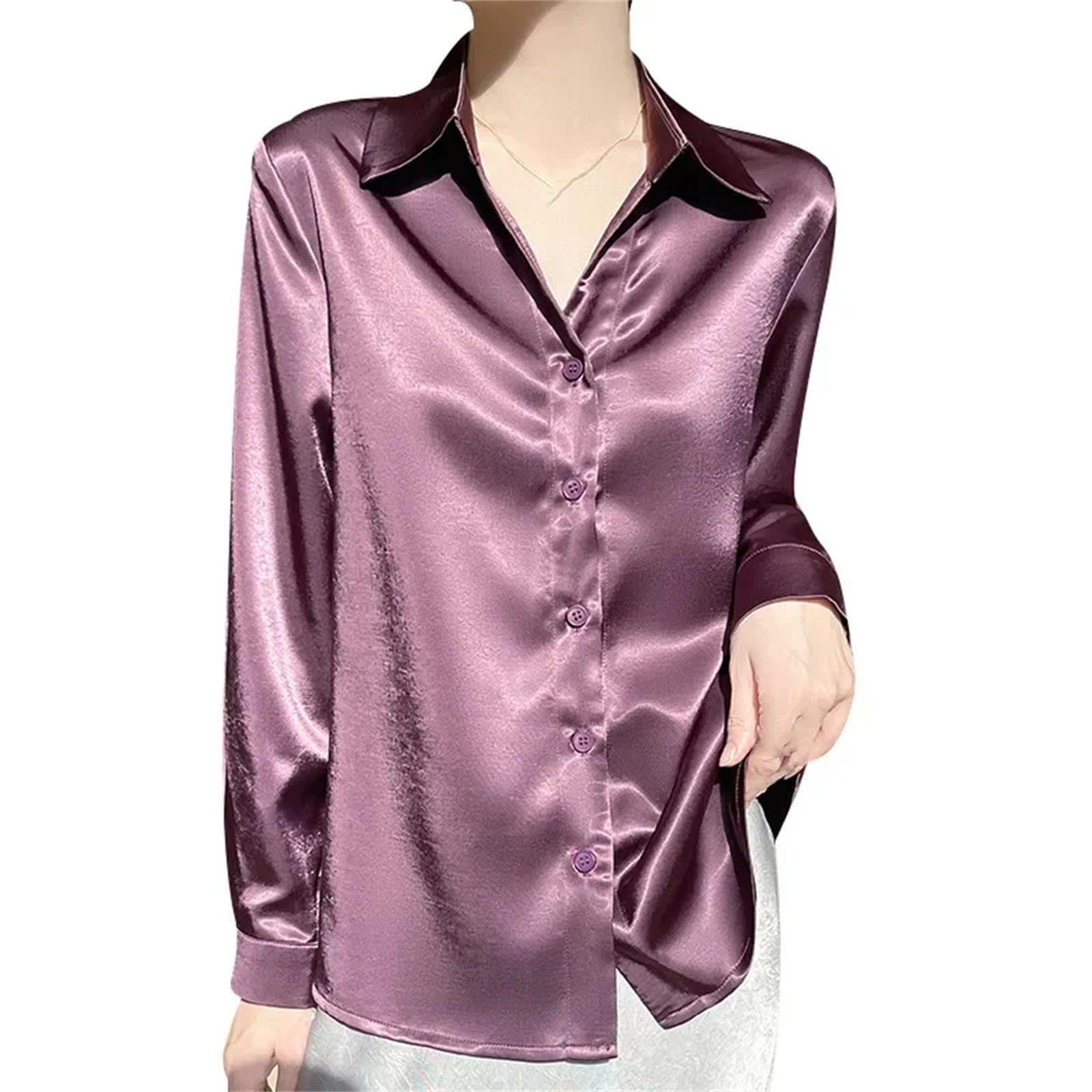 Camicetta da donna in acetato satinato con scollo a V, a maniche lunghe, liscia e setosa, per ufficio professionale