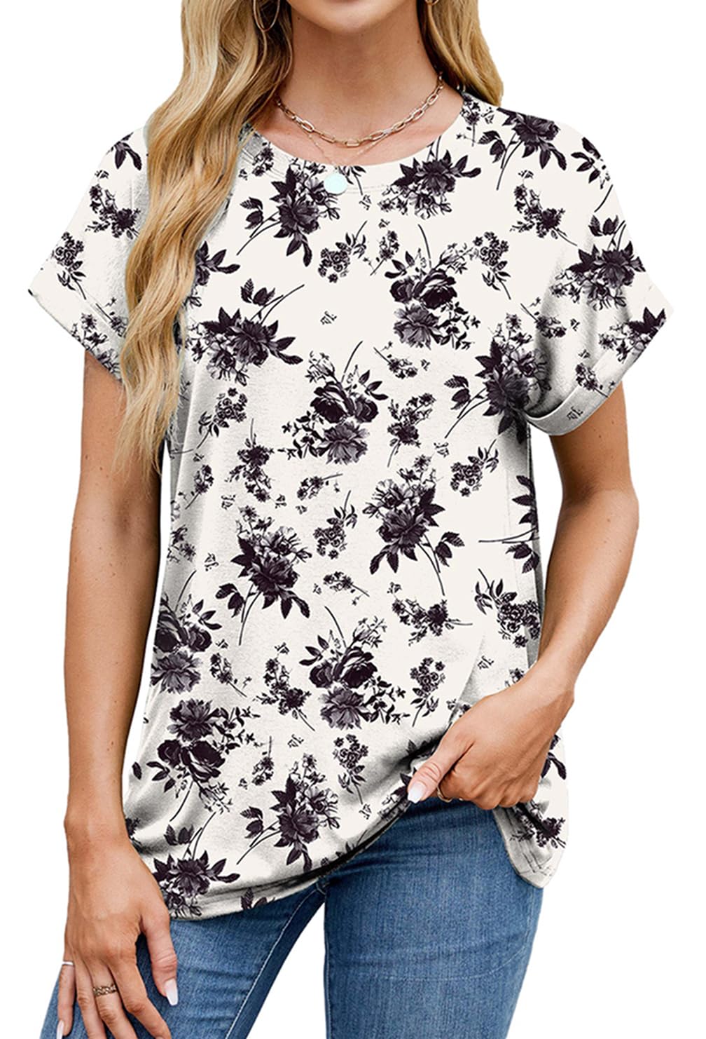 Naivikid Womens Summer Tops Short Sleeve Shirts Crew Neck Cute Trendy Tunic Blouses S-XXL