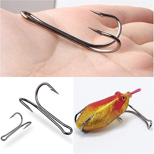 Miniatura 6 de OROOTL Ganchos de pesca dobles de rana, 50 ganchos de acero de alto carbono, doble caña abierta clásica doble rana, ganchos de cebo de pesca de agua