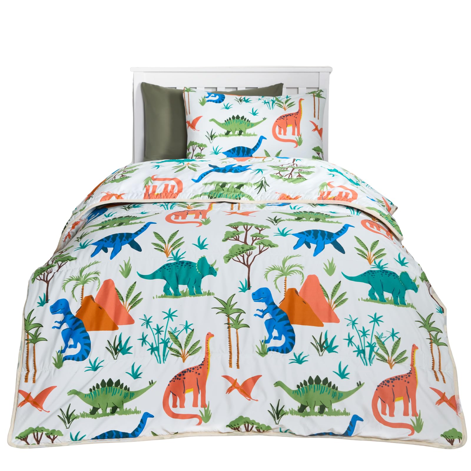 Ohs Grey - Dino Coverless Duvet 10.5 Tog, Dino Print Kids Reversible Washable Coverless Duvets Camping Sleepovers Travel Duvets Super Soft Comfy Kids Duvet With Pillowcase, Single