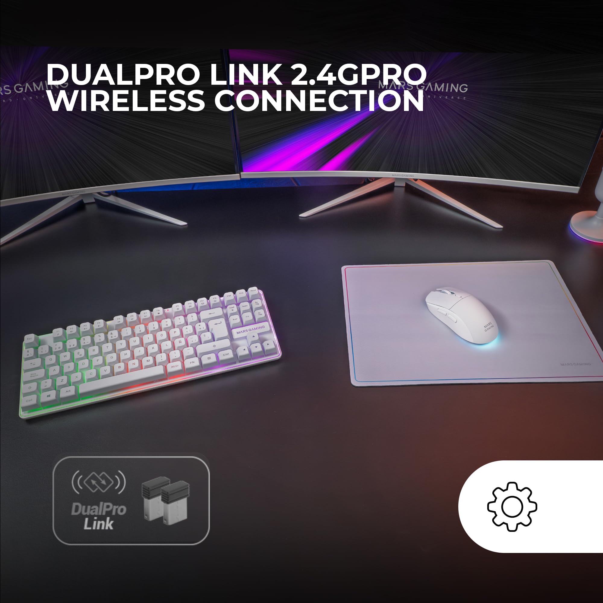 Mars Gaming MCPWTKL, Bezprzewodowy Zestaw Gaming, Technologia DualPro Link 2.4GPRO, Klawiatura TKL FRGB Rainbow + Mysz RGB 3200DPI z Przełącznikami HUANO + Podkładka 360x260mm, Biały, Angielski US